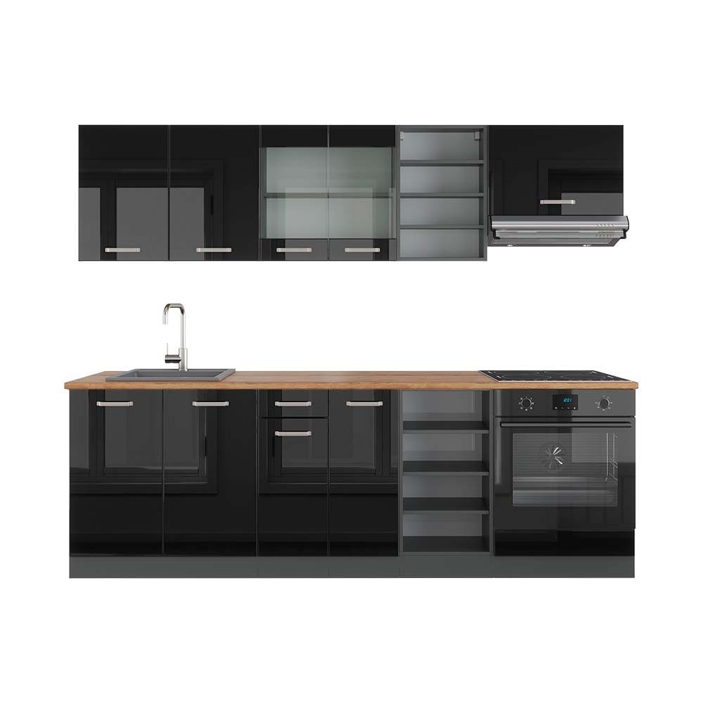 Vicco Küchenzeile R-Line, Schwarz Hochglanz/Anthrazit, 240 cm, AP Eiche