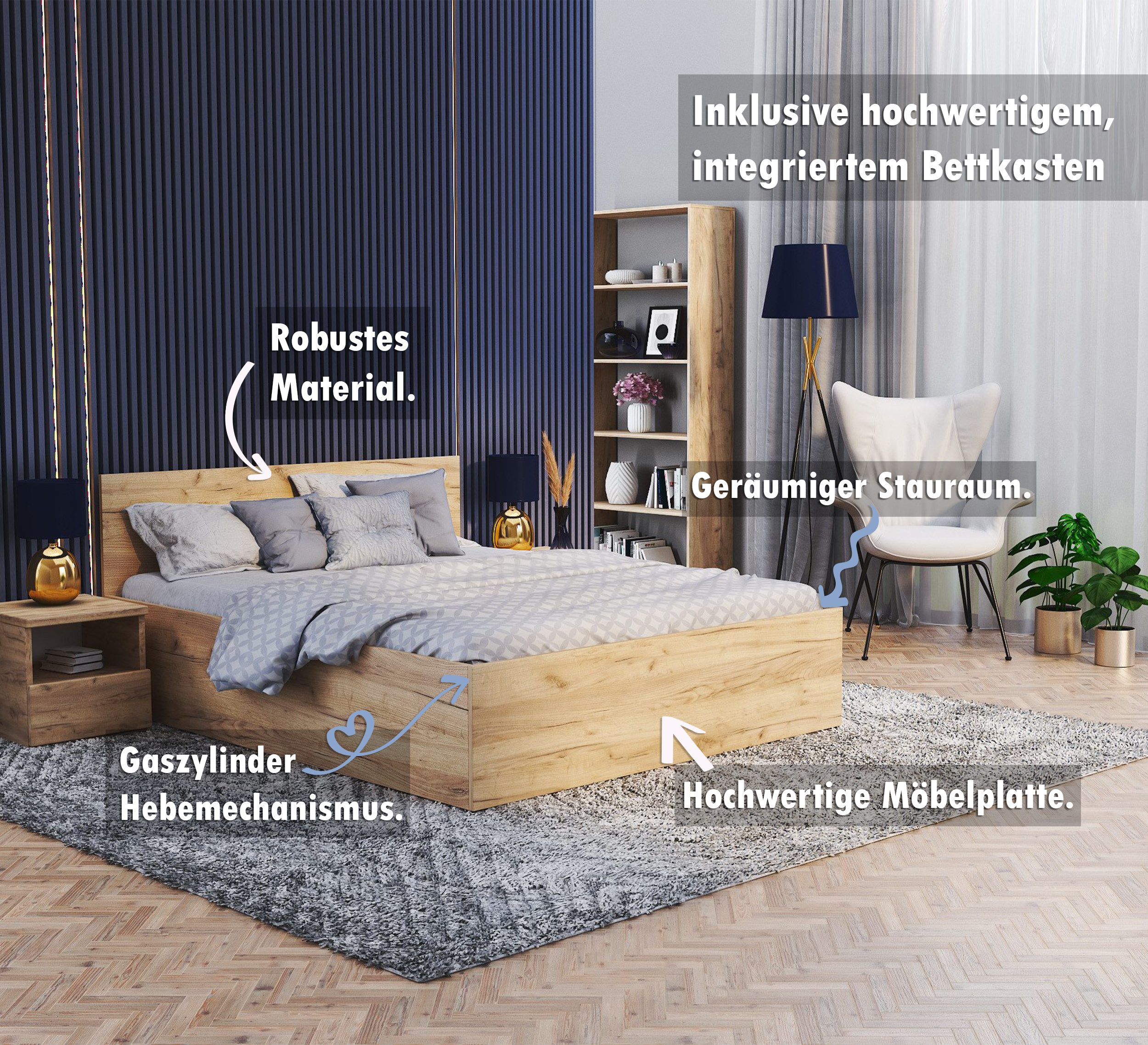 thematys Stauraumbett mit Bettkasten & Lattenrost – Polsterbett 120x200–180x200 – (Optional mit 28 cm H3/H4 Taschenfederkern oder 23 cm Taschenfederkern-Matratze H2, hydraulisches Stauraumbett)