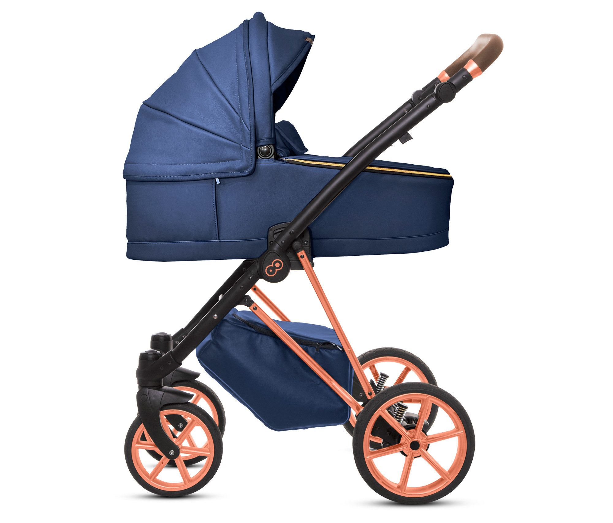 TPFFamily Kombi-Kinderwagen 3in1 Musse Royal, Baby Buggy Babywanne 5-Punkt-Sicherheitsgurt, Zubehör-Set Kinderwagen 3 in 1 Kunstleder Blau, Gestell Rosé Gold