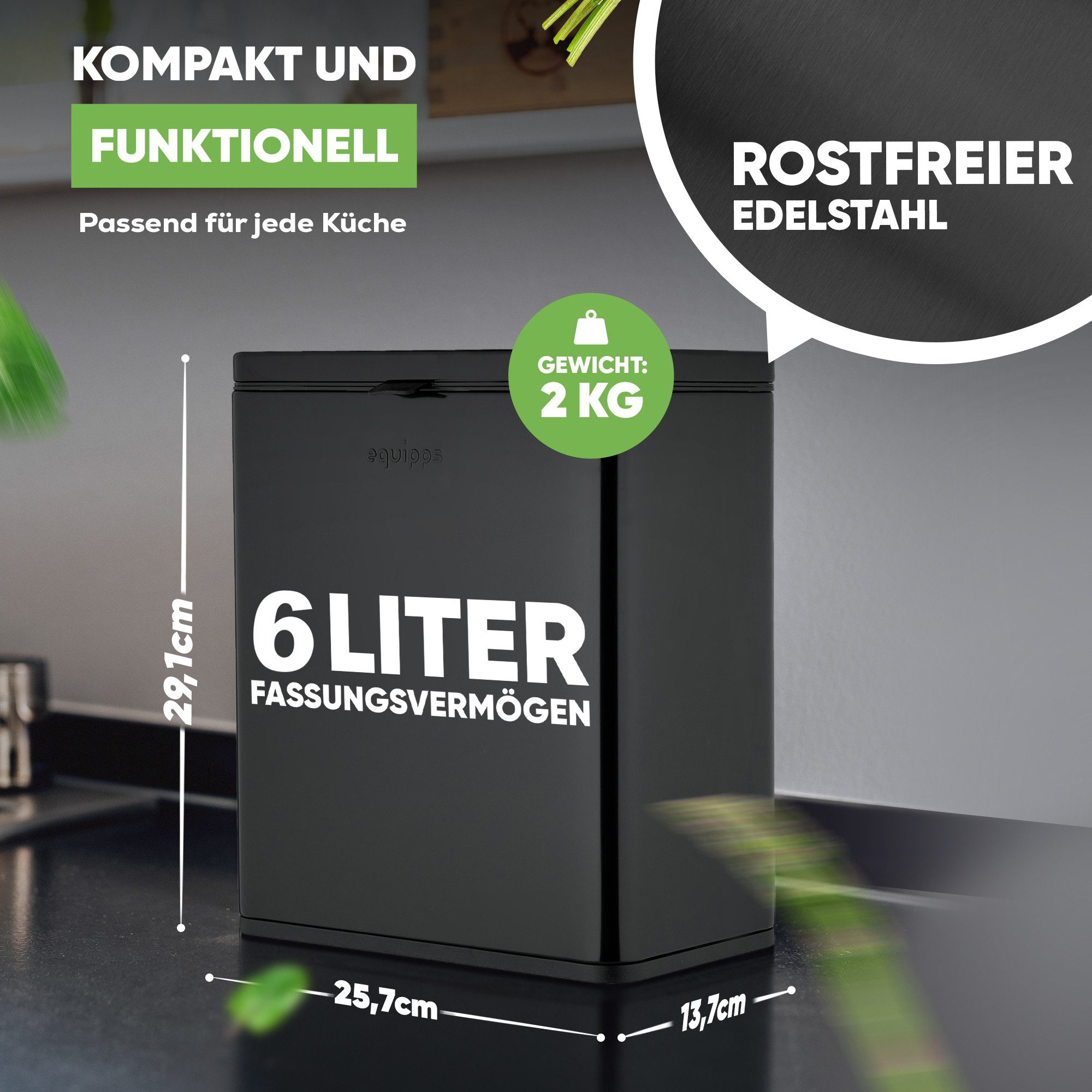 equipps Biomülleimer Biomülleimer mit Geruchsfilter 6L, Komposteimer Küche für Biomüll, mit Aktivkohlefilter, Schwingdeckel