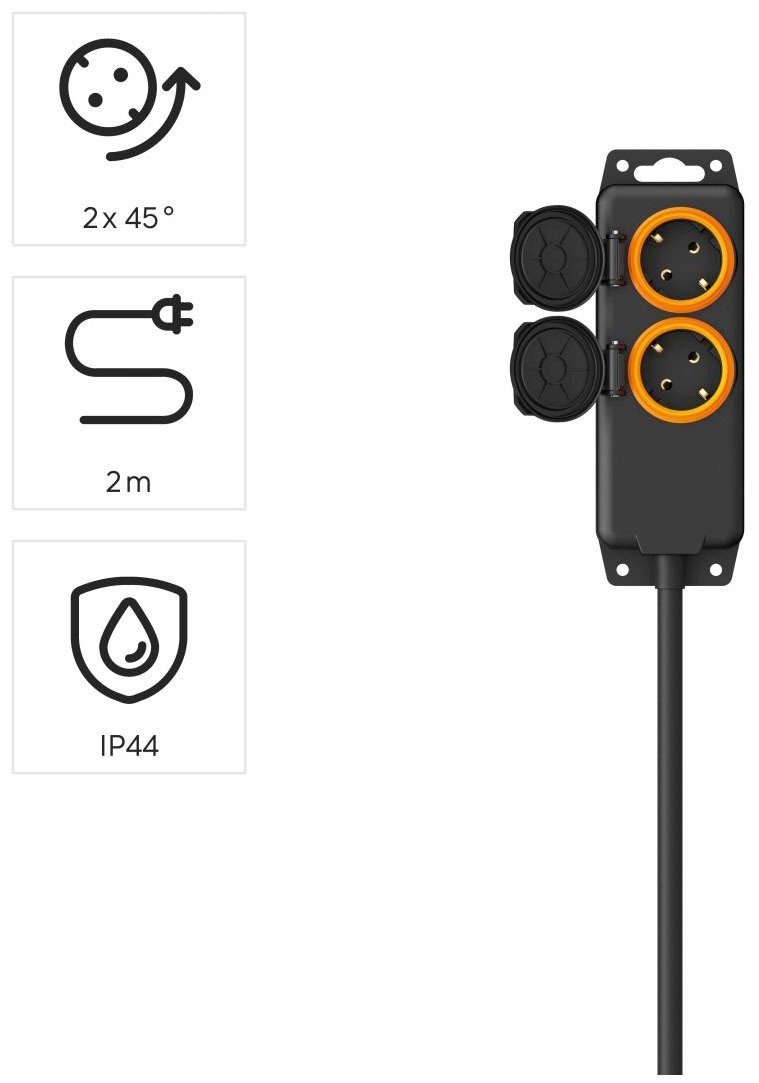 Hama Steckdosenleiste 2-fach (Klappendeckel, Schutzkontaktkupplung, Schutzkontaktstecker, Kabellänge 2 m), IP44