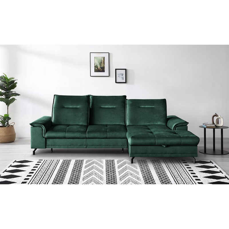 Beautysofa Ecksofa Bruno mini, moderne Ecke mit verstellbaren Kopfstützen, Sitztiefenverstellung, aus velours, kleine Corner Schlafsofa mit Bettkasten