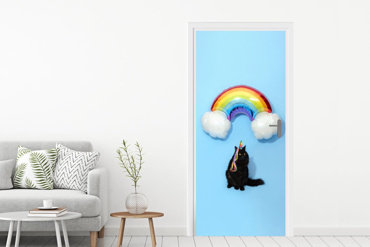 Türtapete (1 für mit einem Fototapete 75x205 Matt, Tür, bedruckt, cm Regenbogenballon, Katze St), MuchoWow Türaufkleber,