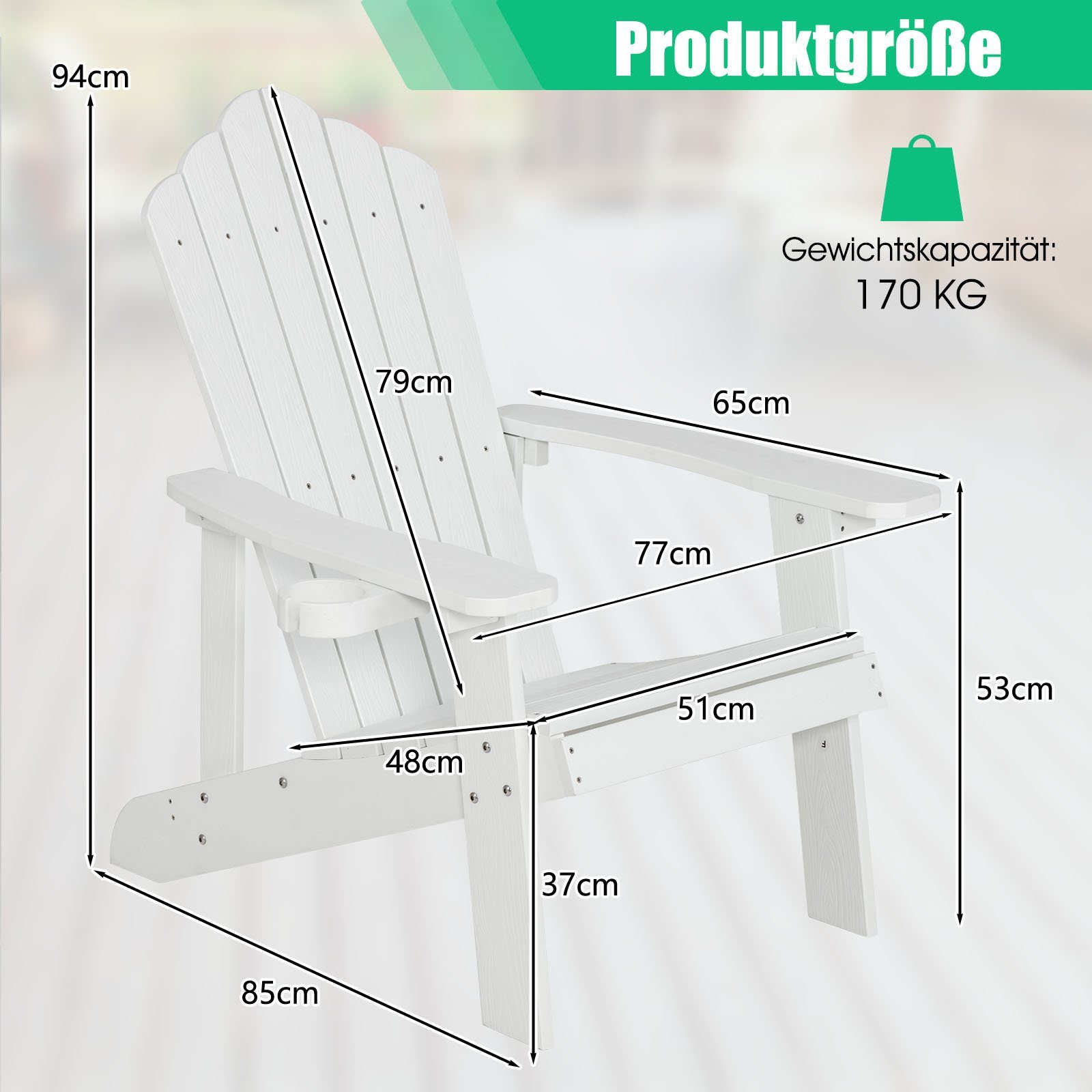 Adirondack Gartenstuhl mit Getränkehalter, weiß COSTWAY bis Stuhl, 170kg