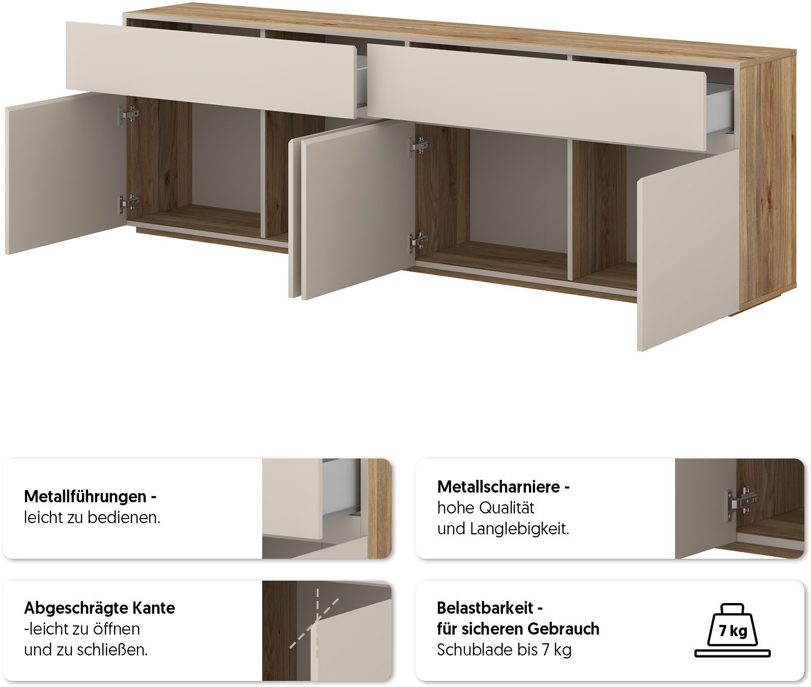 OTTO home Sideboard Criss, Breite 200 cm moderne grifflose Kommode 4Türen/4SK, Schubladenkommode mit viel Stauraum, vielseitig einsetzbar