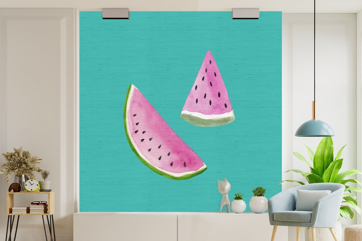 MuchoWow Fototapete Wassermelone - Matt, bedruckt, Aquarell - Obst Schlafzimmer, Tapete St), Wandtapete Vinyl - oder Blau, Wohnzimmer für (5