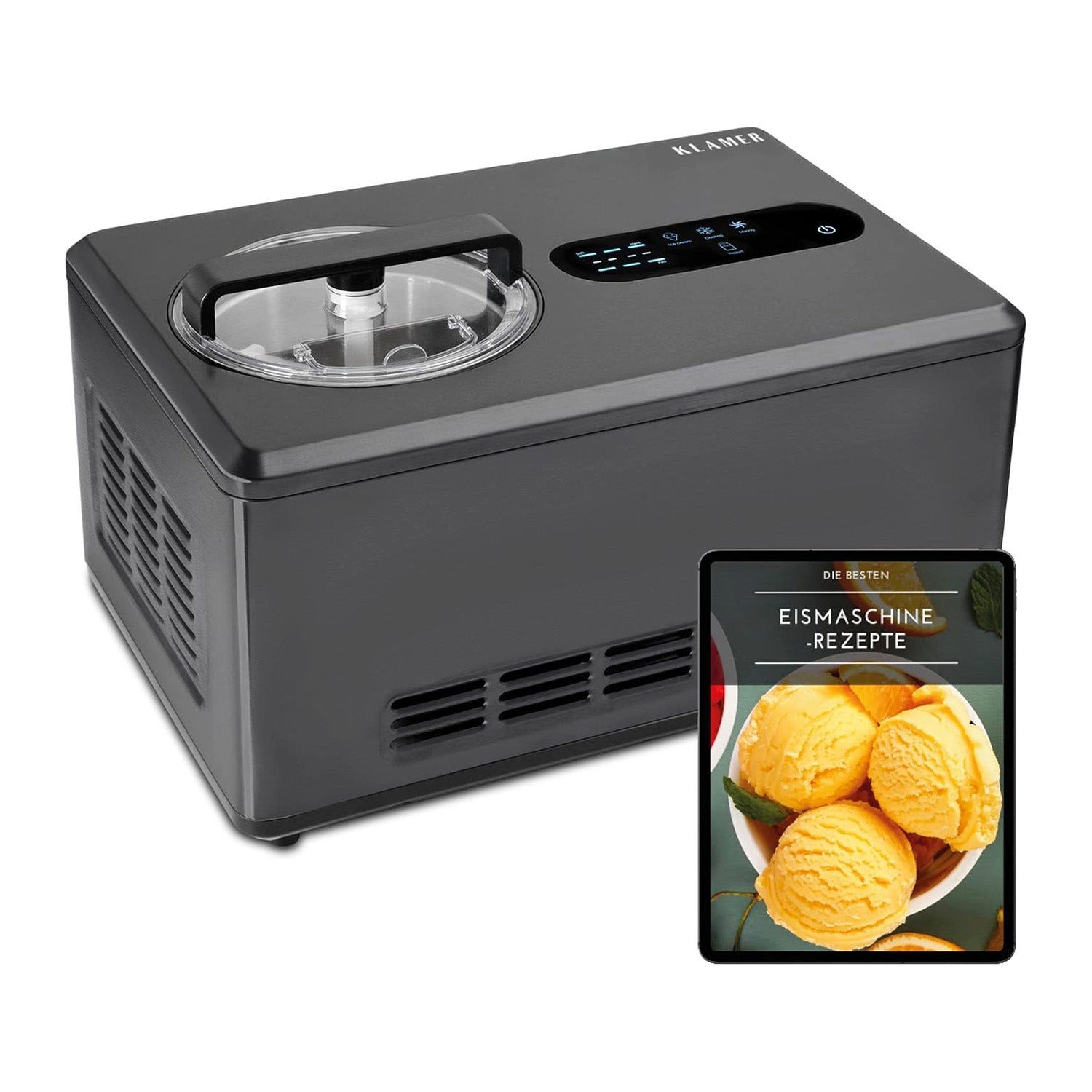 KLAMER Eismaschine mit Kompressor 2L 220W, Edelstahl, 2-in-1 Joghurtbereiter, Kühl-/Heiz…, 2 l, 220 W, Raffiniertes Rührsystem, Nachfüllklappe, digitales Rezeptbuch