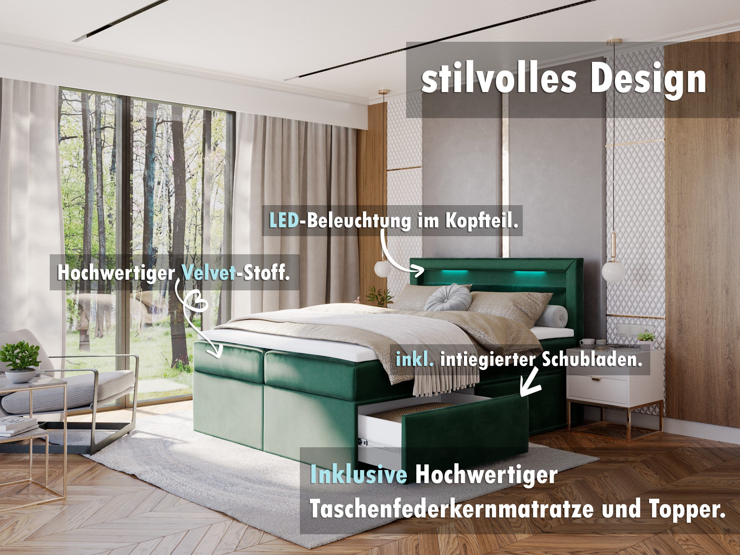 thematys Boxspringbett mit LED Polsterbett Stauraumbett günstig online kaufen