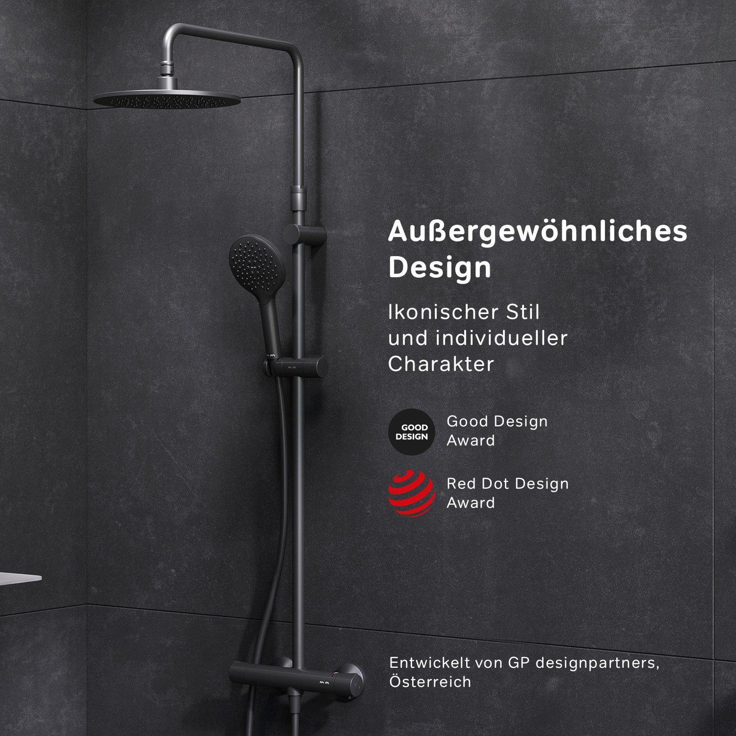 Brausegarnitur Duschstange Antikalk-System, 3 Komplett-Set, Strahlart(en), AM.PM Schwarz Duschsystem Regendusche, Like Komplett-Set, mit Thermostat, mit Höheverstellbarer