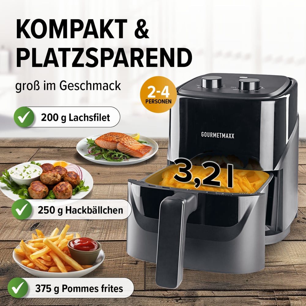 GOURMETmaxx Heißluftfritteuse GOURMETmaxx Heißluft-Fritteuse 1300W schwarz Mechanisch 3,2l, 1300 W, Fritteuse für bis zu 3 Personen, mechanische Drehregler, 5 P – Bild 4 von 5