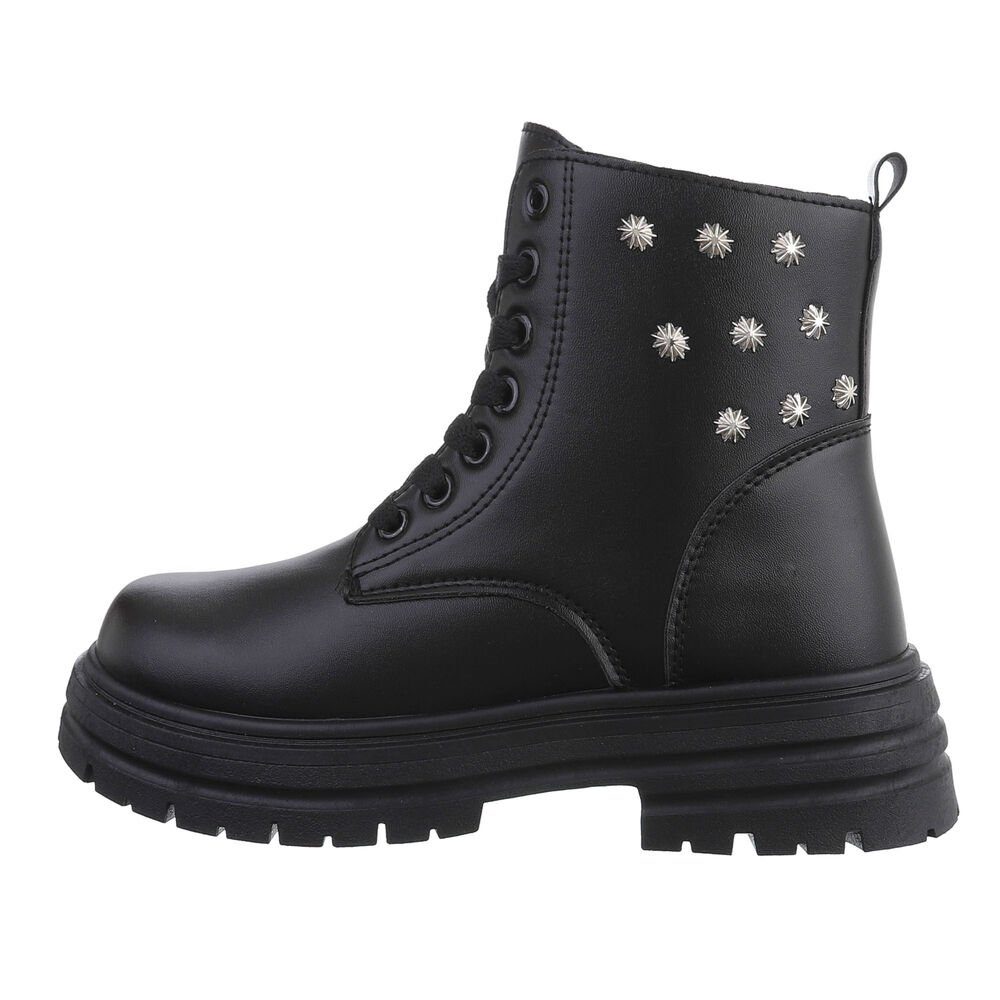 Ital-Design Damen Schnürschuhe Biker Stiefelette Blockabsatz Plateaustiefeletten in Schwarz