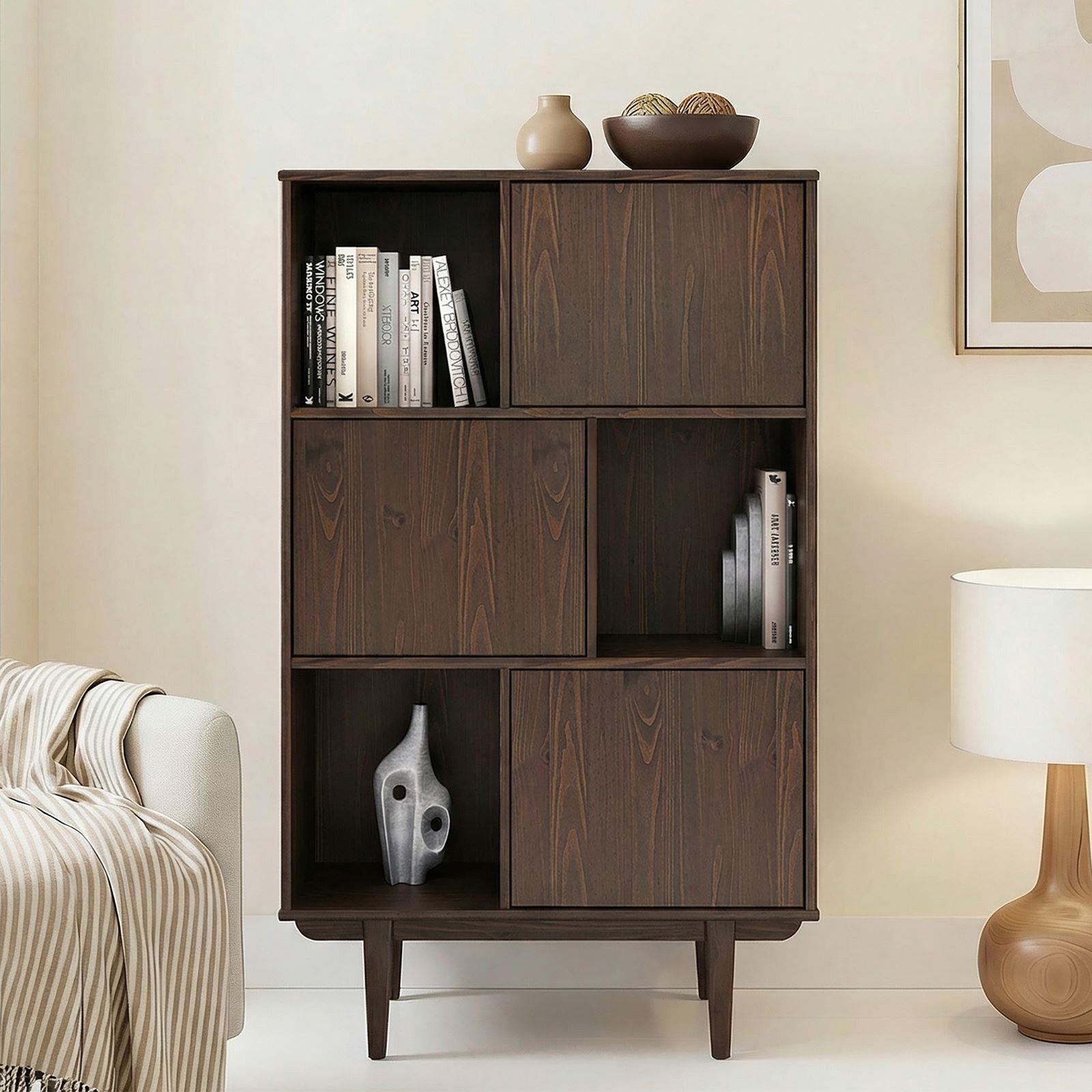 IDIMEX Highboard SIMONA, Wohnzimmerschrank offene Fächer & 3 Türen Massivholz nussbaum farben