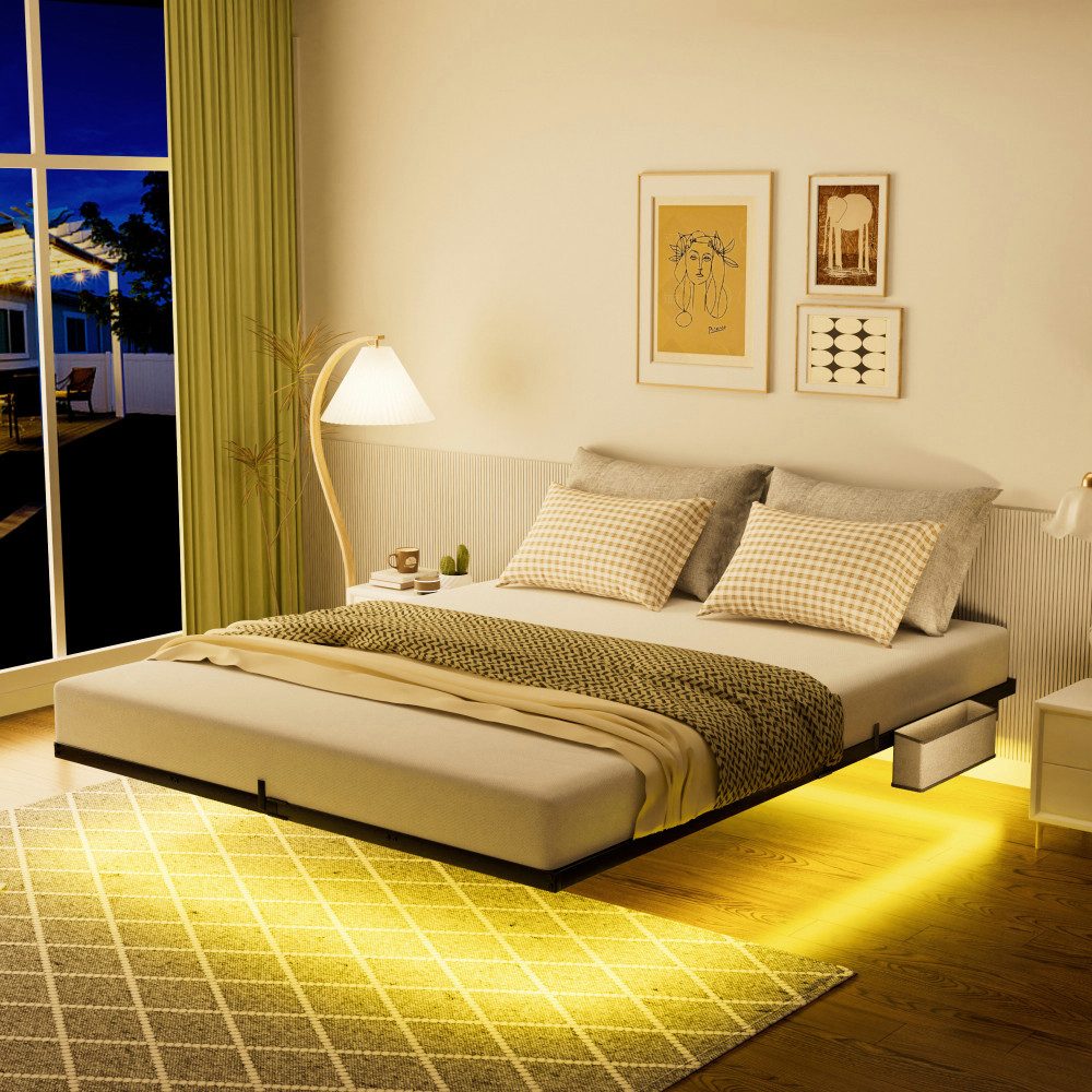 BBWL Metallbett 140x200 cm mit LED-Beleuchtung, USB-Ladestation, stabilem Lattenrost, Schwebendes Metallbett mit Aufbewahrungstasche und modernem Design