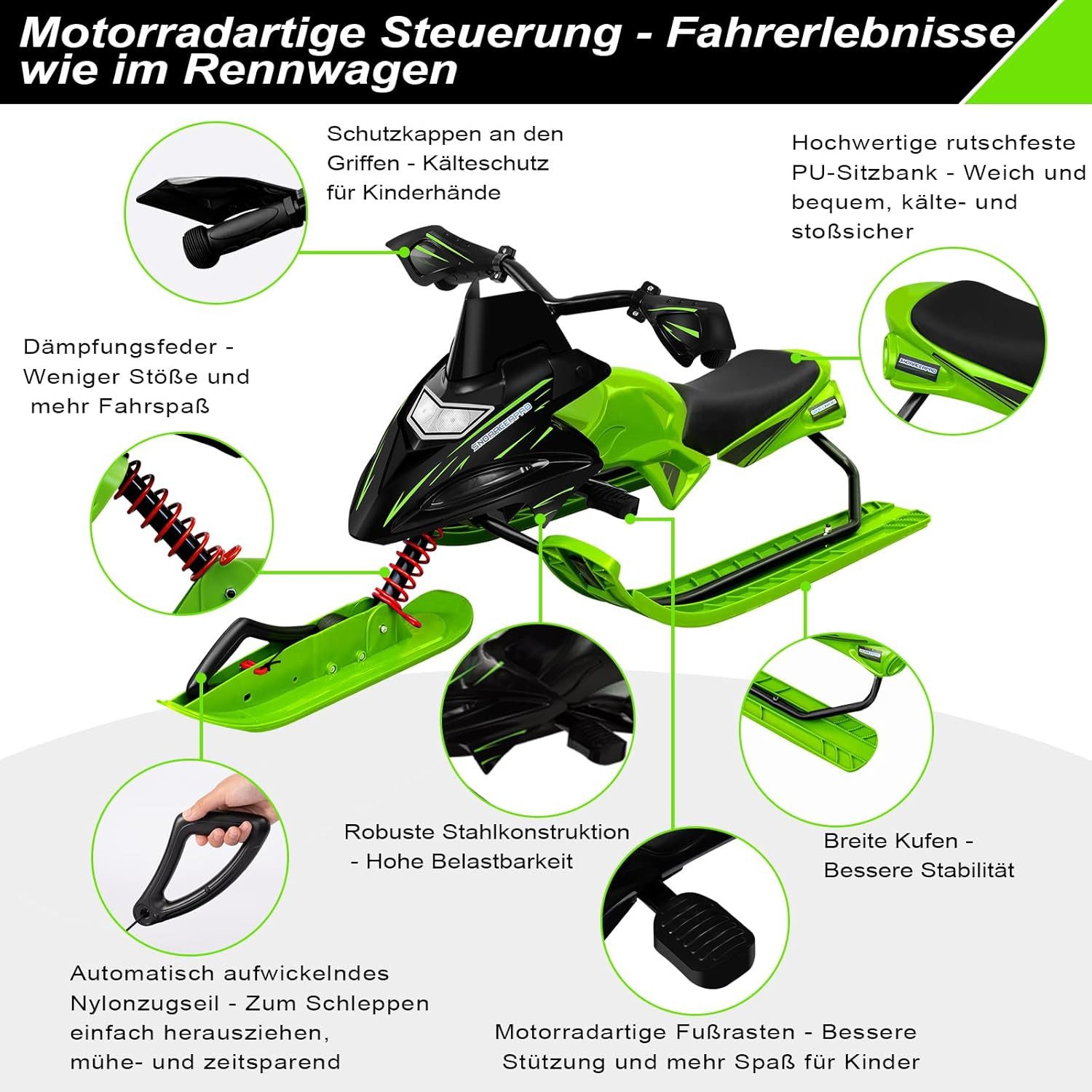 EUGAD Lenkschlitten (1-tlg), Schlitten mit Fußbremsen, automatisches Zugseil, Stoßdämpferfeder