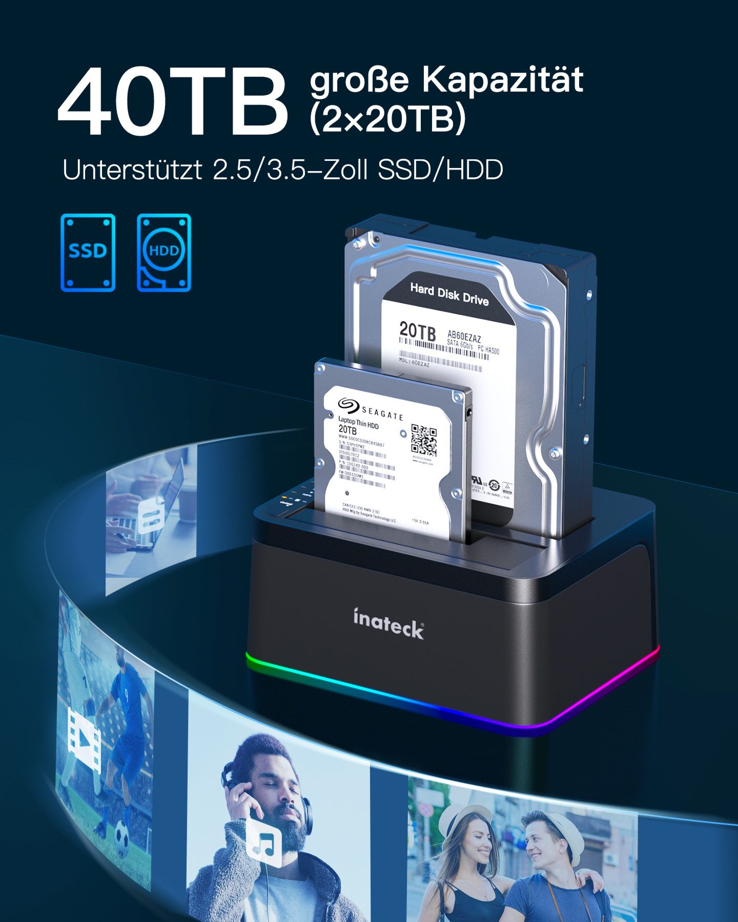 Inateck Festplatten-Dockingstation RGB USB-C Port mit Offline-Klonen, für 2,5/3,5 Zoll SATA HDDs und SSDs, 2 x 20TB Dual Bay Docking Station, UASP unterstützt