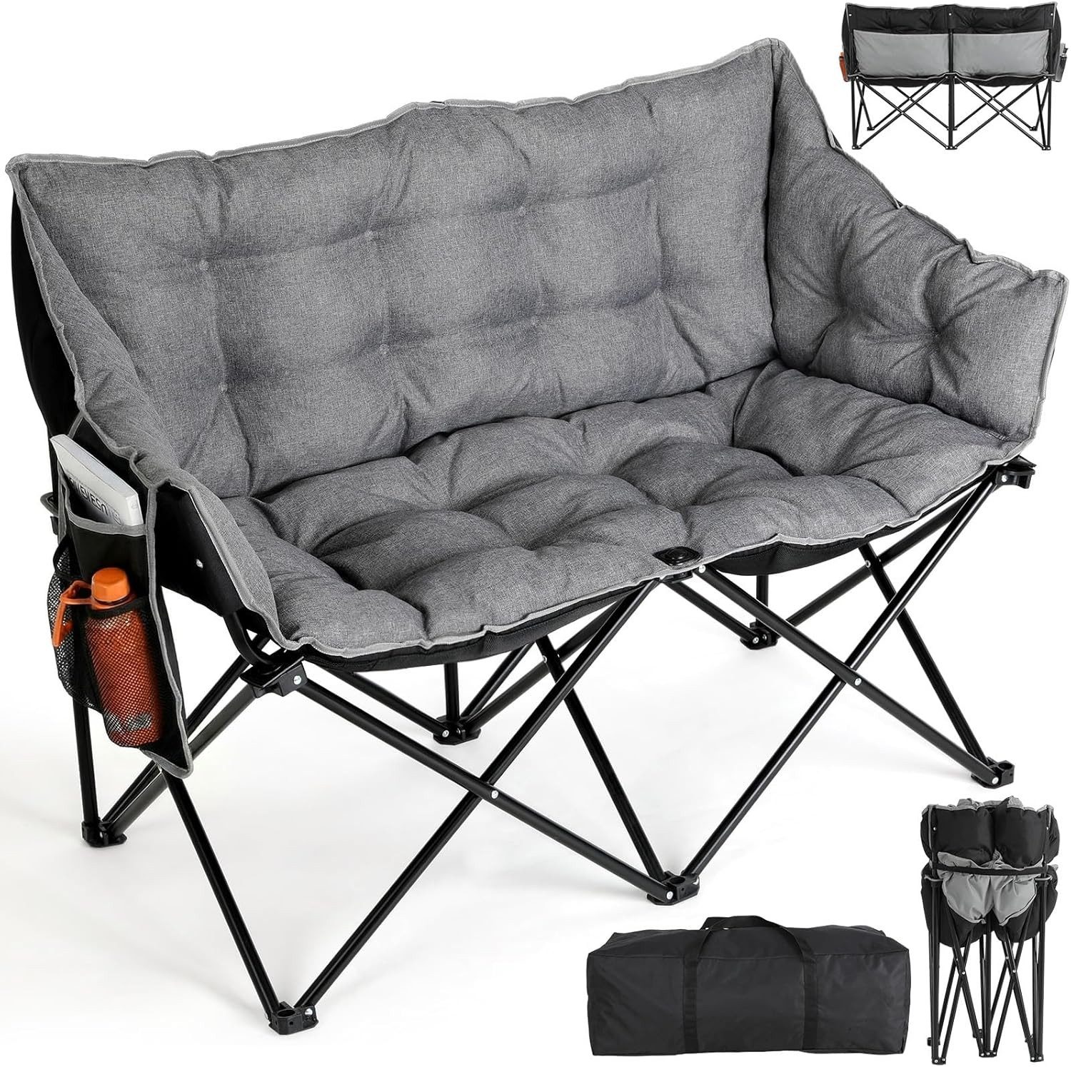 TLGREEN Campingstuhl Doppel Campingstuhl Klappbar 320KG Belastbar (Gepolstert XXL Outdoor Klappstuhl mit Seitentaschen & Rückentasche), Campingsofa 2 Personen für Garten, Angeln, Camping, Strand