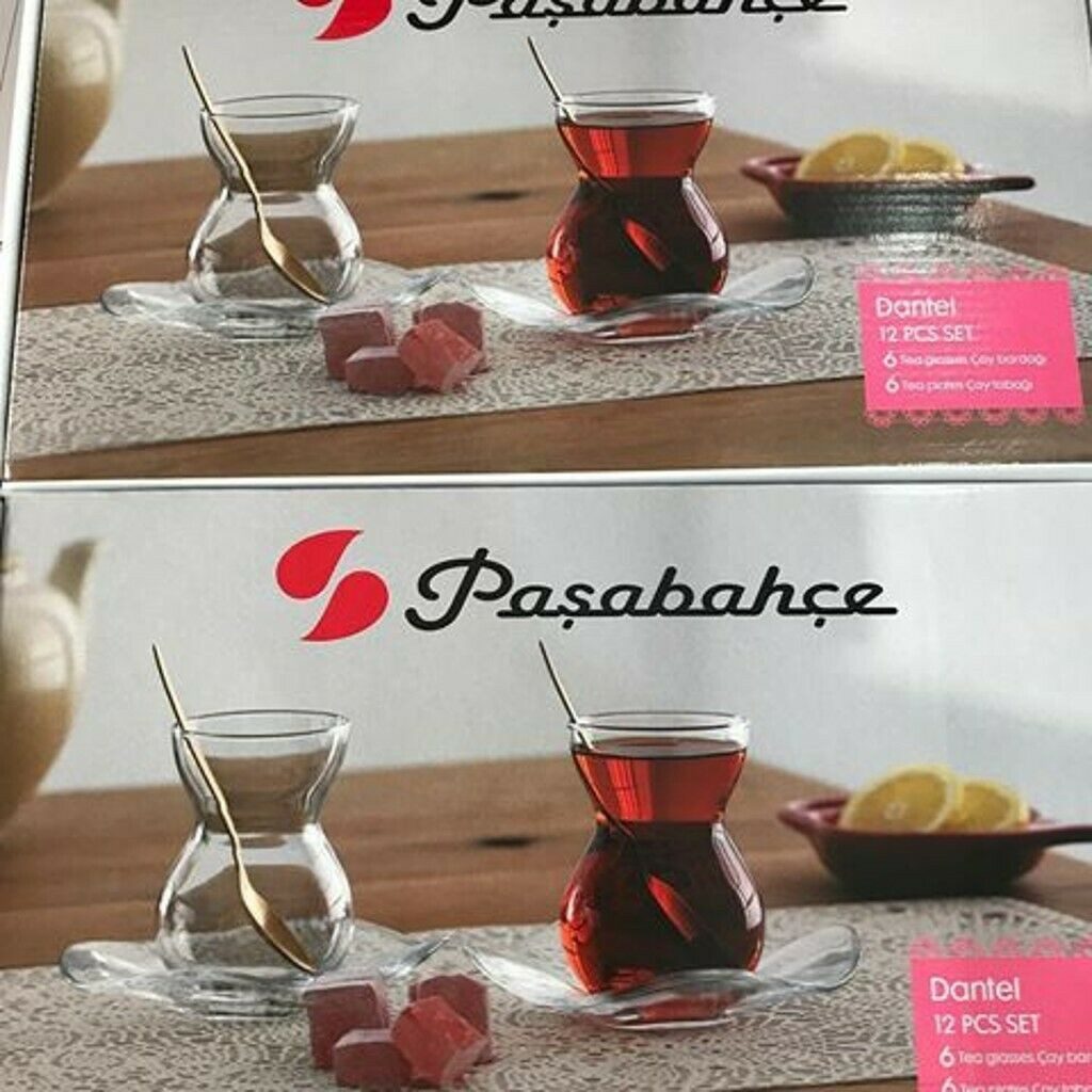 Pasabahce Gläser-Set Dantel, 12-tlg., Glas, Teeglas mit Untertassen, geeignet für die Spülmaschine