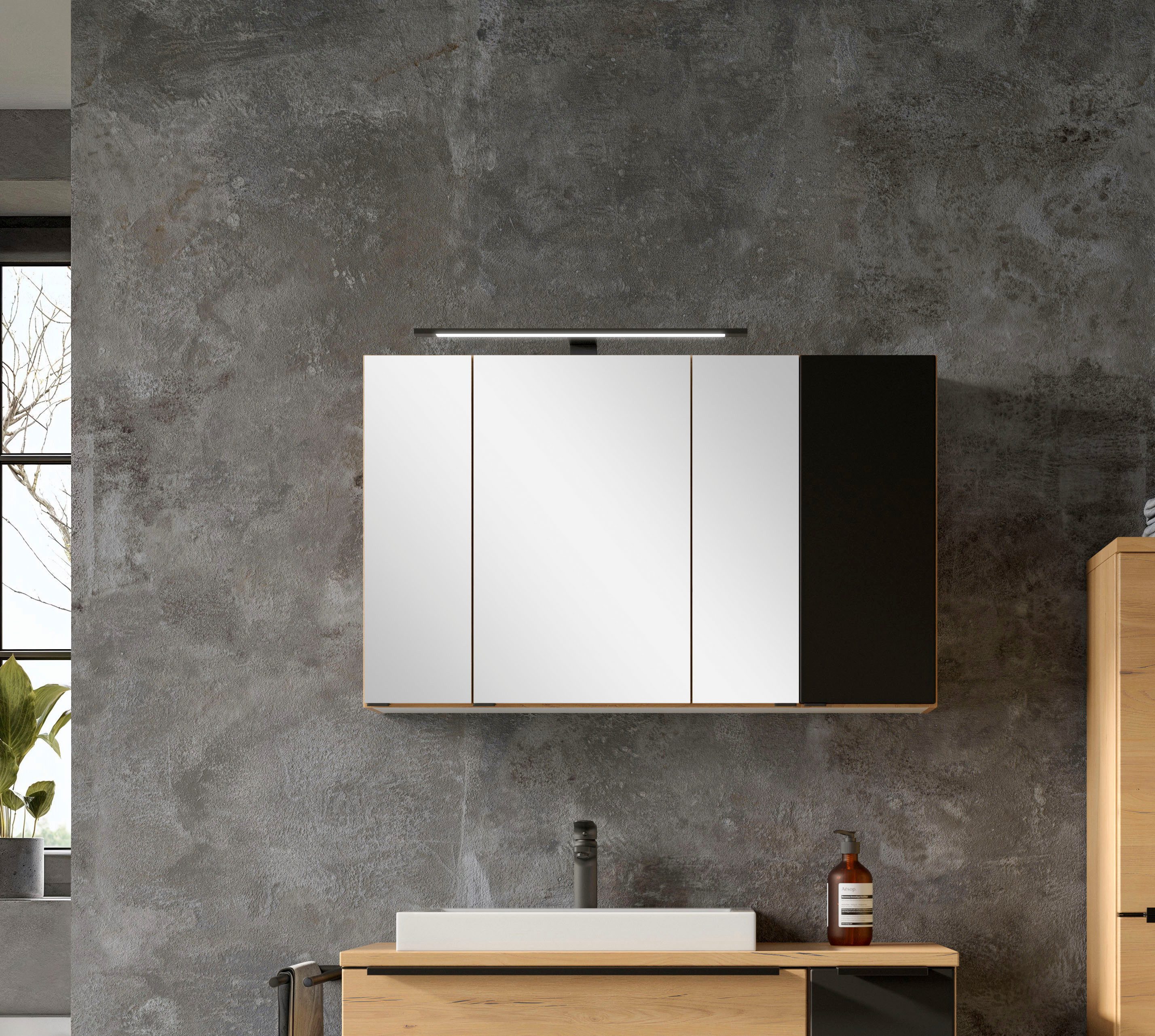 welltime Spiegelschrank MAILAND, gedämpfte Scharniere, LED-Aufbauleuchte (Maße (B/H/T): ca. 105/64/20 cm) Wildeiche/matt schwarz, LED-Aufbauleuchte, gedämpfte Scharniere