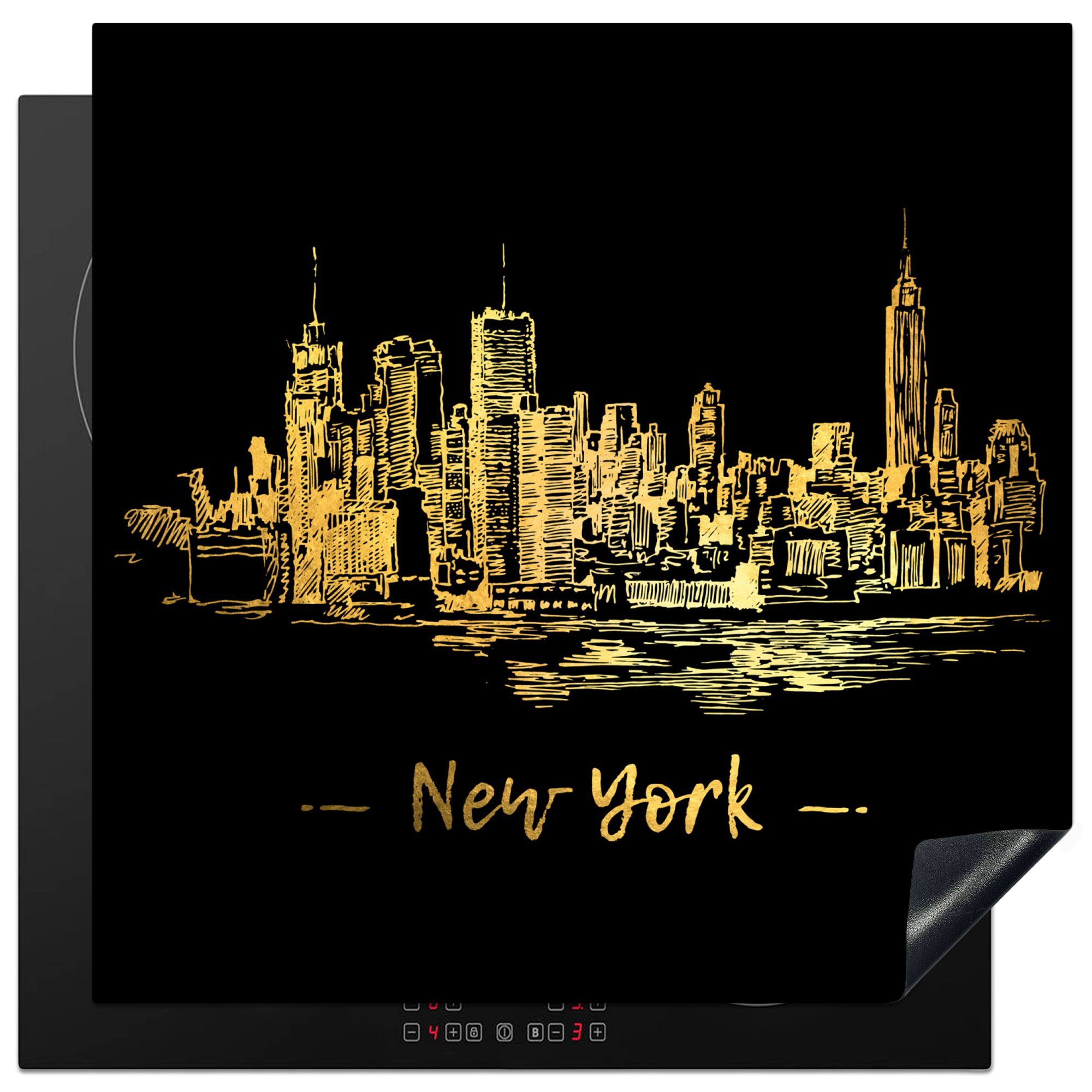 MuchoWow Herdblende-/Abdeckplatte New York - Gold - Schwarz, Vinyl, (1 tlg), 78x78 cm, Ceranfeldabdeckung, Arbeitsplatte für küche