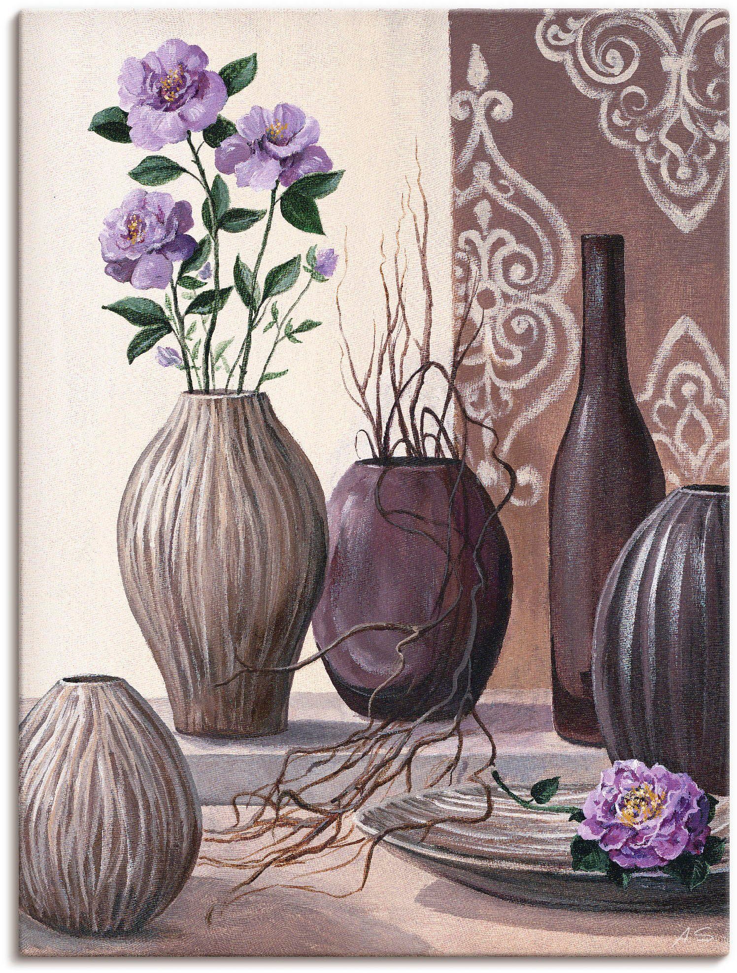 Artland Leinwandbild Violette Rosen und braune Vasen, Vasen & Töpfe (1 St), auf Holzrahmen gespannt