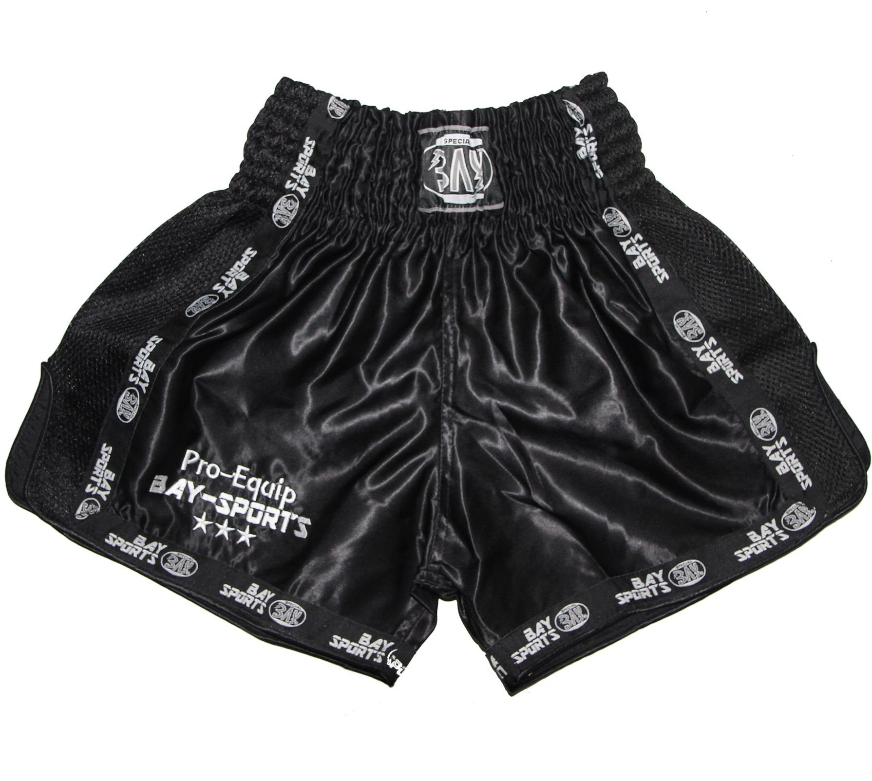 BAY-Sports Sporthose Thaiboxhose Thaiboxen Hose Shorts Muay Thai kurz MMA Thaiboxshorts (Stück) XXS - XXL, schwarz mit Mesheinsätzen, Kinder und Erwachsene