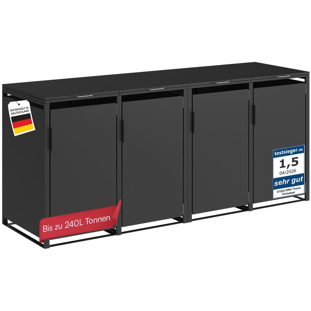 STEELSØN Mülltonnenbox Thoria 240 L aus verzinktem Stahl, Mülltonnenverkleidung (Graphitschwarz, verfügbar mit 1, 2, 3, 4, oder 5 Türen), Für 4 Tonnen