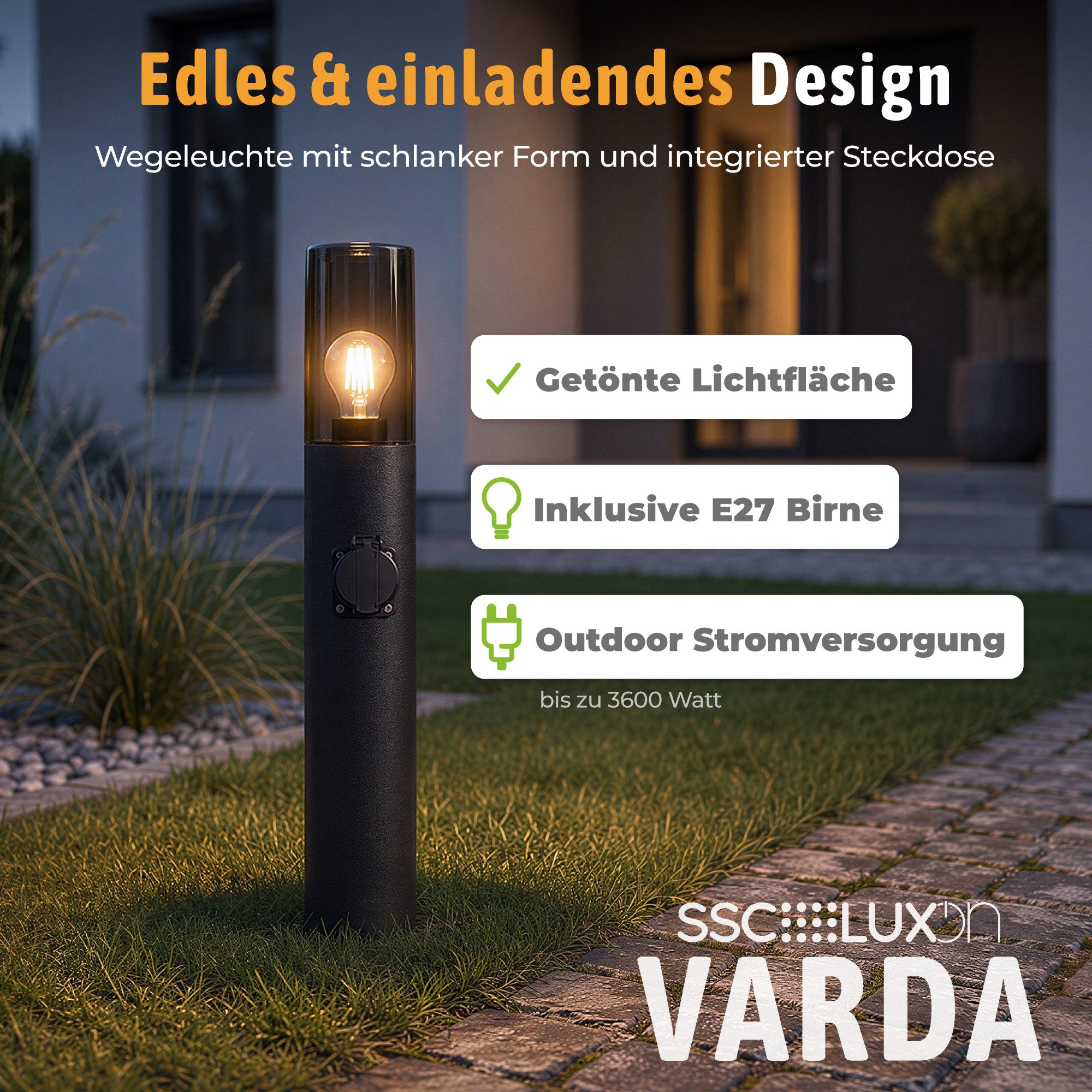 SSC-LUXon LED Gartenstrahler VARDA Wegeleuchte mit Steckdose LED Birne E27 Retro extra warmweiß 3W, Extra Warmweiß