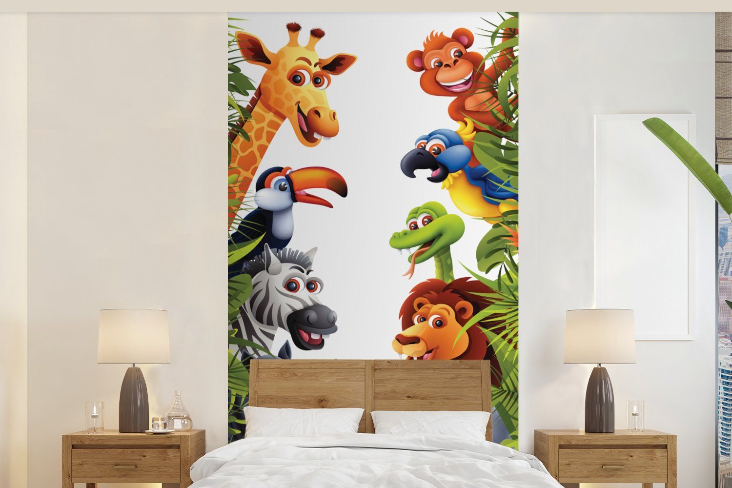 MuchoWow Fototapete Dschungel - Tiere - Jungen - Mädchen - Giraffe - Elefant - Kinder, Matt, bedruckt, (2 St), Vliestapete für Wohnzimmer Schlafzimmer Küche, Fototapete