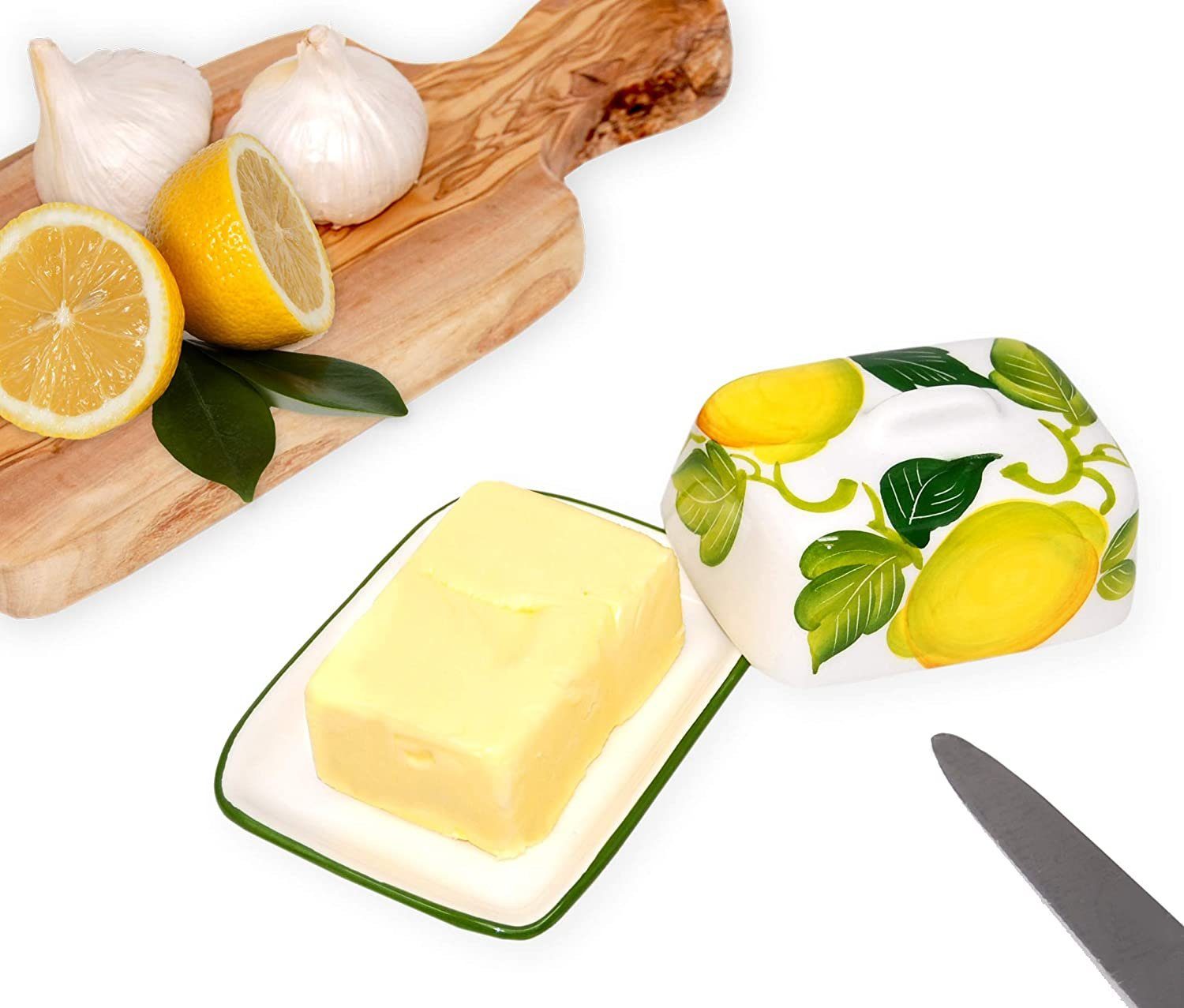 Lashuma Butterdose Zitrone Olive, Keramik, (1-tlg., 12 x 9 cm), Butterschale klein für 125 g Butter
