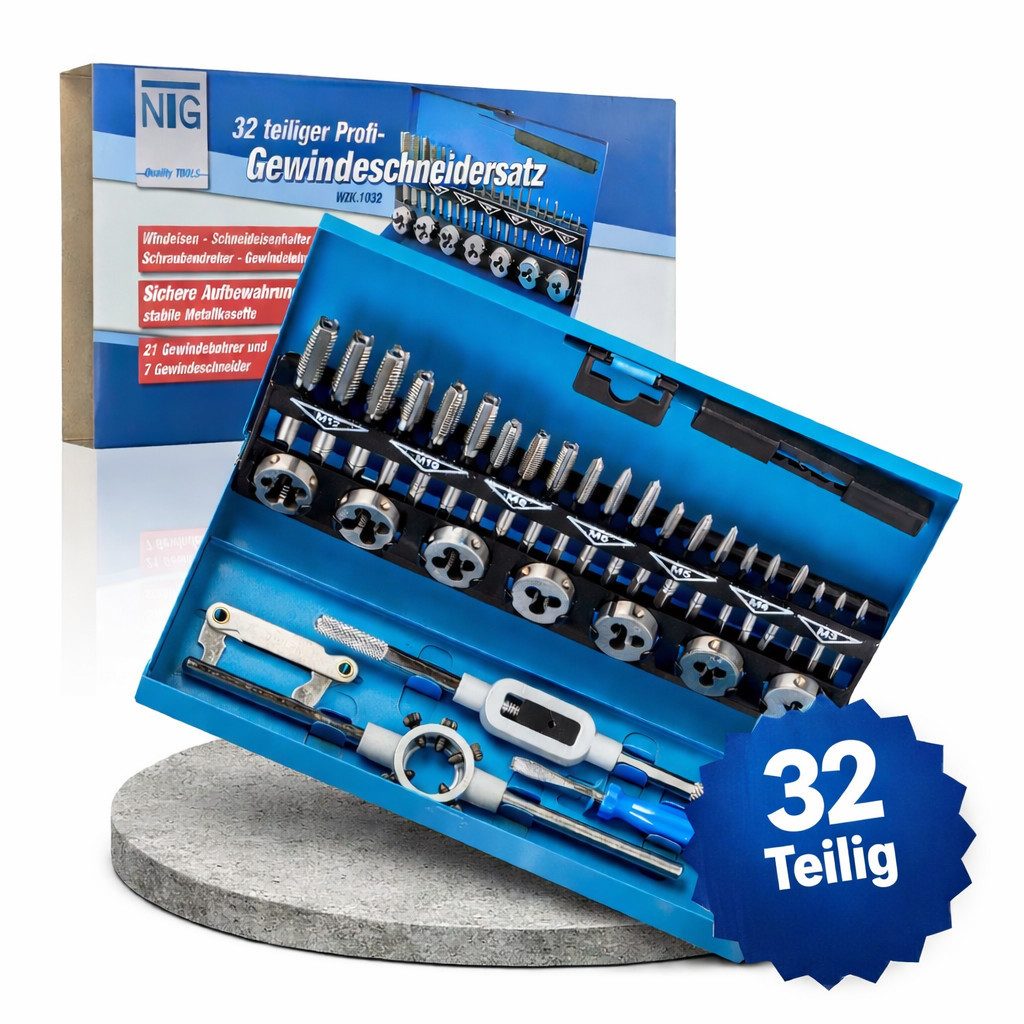NTG Nutzfahrzeug Technik GmbH Gewindeschneider 32- tlg. Gewindeschneider Set inkl. Aufbewahrungskoffer Kernlochbohrer, Gewindeschneidset