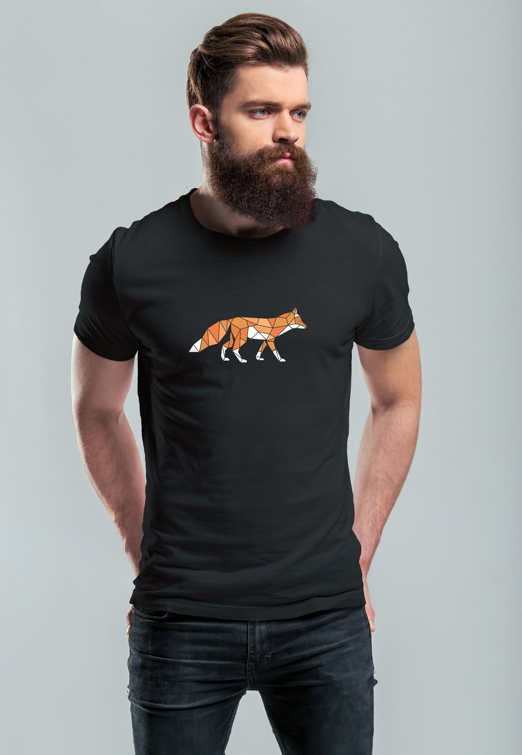 Aufdruck T-Shirt Print-Shirt Outdoor Neverless Log Polygon Fuchs mit Herren Geometrie Kunstdruck Print schwarz
