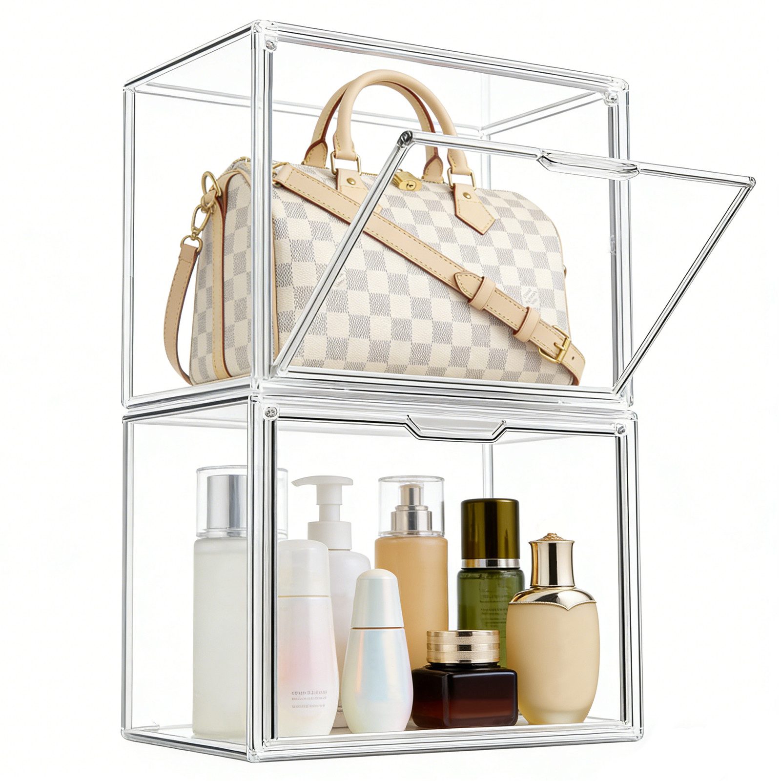 XERSEK Vitrine Transparent Displaybox mit Magnettür, Acryl Schaukasten Organizer (2 Set] 40×25×30cm Stapelfähig, Horizontal oder Vertical Platzierbar) Acryl-Vitrine für Figuren, Handtaschen, Spielzeug, Handwerk, Bücher