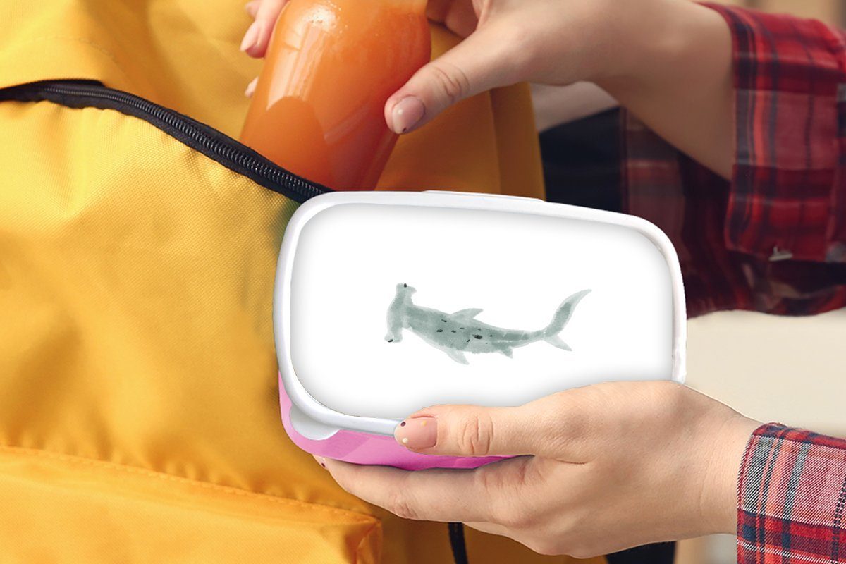 Lunchbox Erwachsene, Kinder, (2-tlg), für Hai Snackbox, - Mädchen, - Grau, Aquarell rosa MuchoWow Brotdose Brotbox Kunststoff, Kunststoff