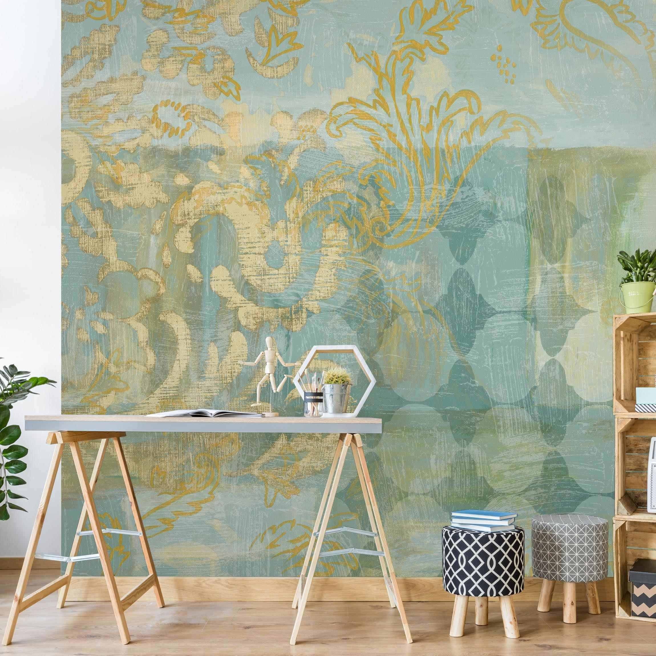 Bilderdepot24 Vliestapete Vintage Marokkanische Collage Gold Türkis Orientalisch Floral Ranke, Glatt, Matt, (Vliestapete inkl. Kleister oder selbstklebend), Wohnzimmer Schlafzimmer Küche Flur Fototapete Motivtapete Wandtapete