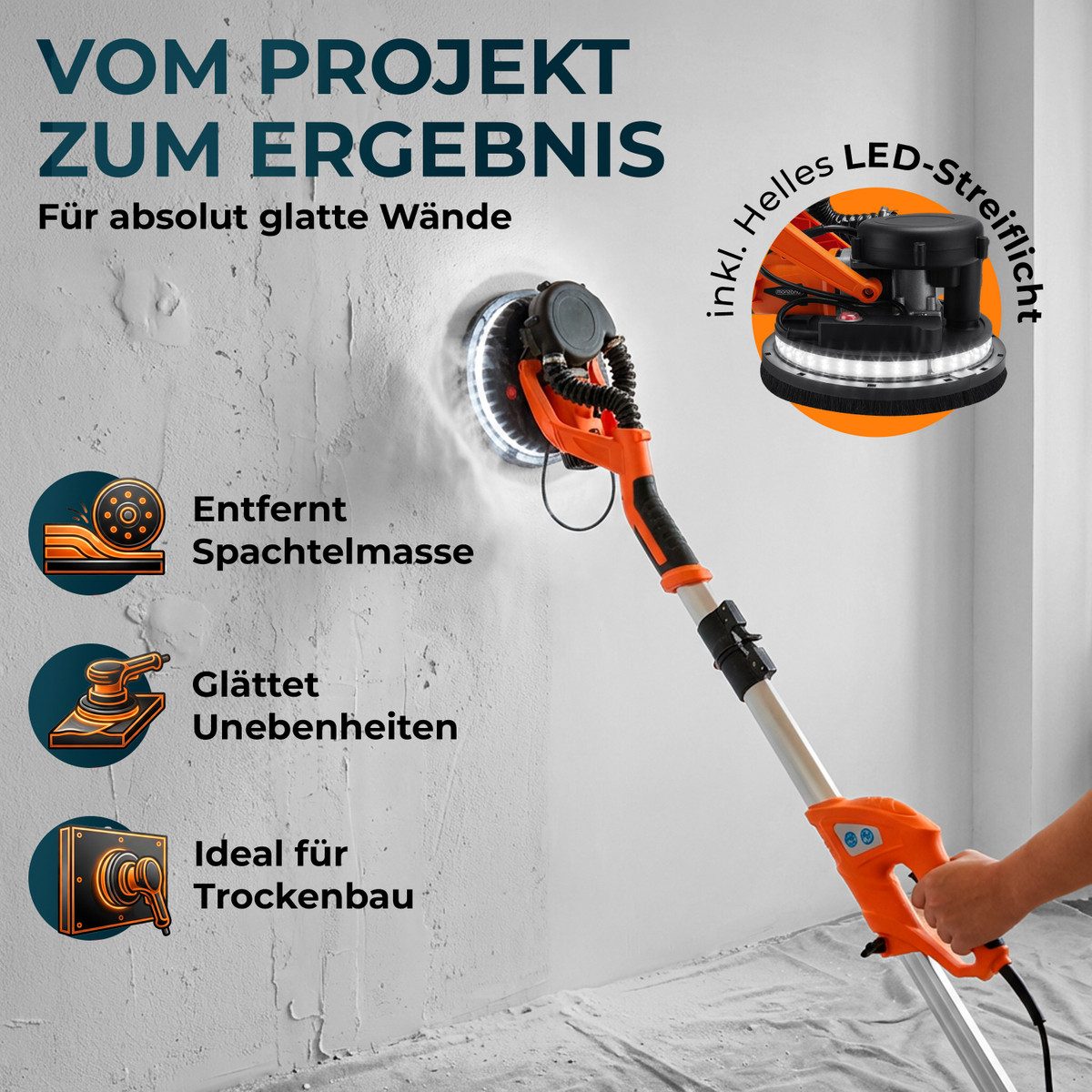 monzana Trockenbauschleifer, 750 Watt max 1750 U/min 12x Ø 225mm Schleifscheiben Deckenschleifer