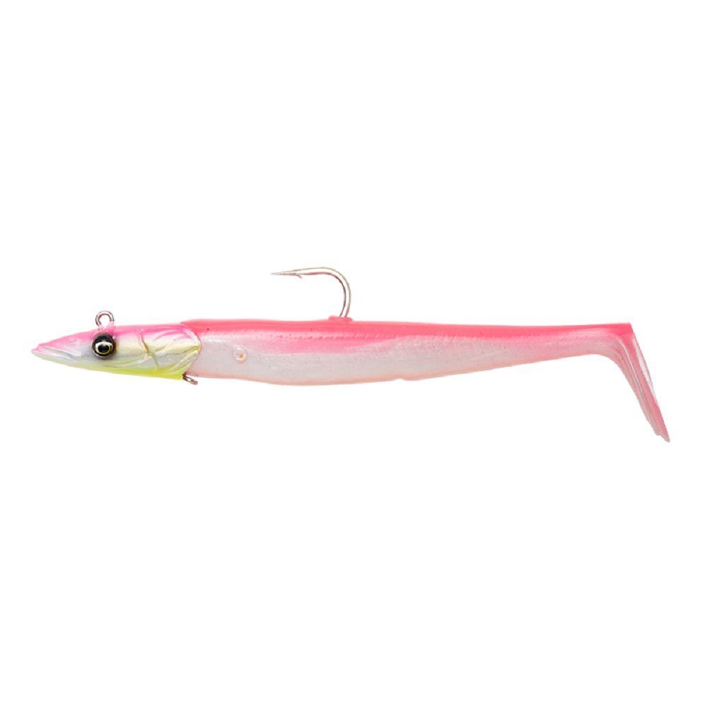 Savage Gear Kunstköder Sandeel V2 2+1 12cm 22g - 18cm 86g Sandaal Gummifisch Meeresköder, (Spar-Set), Der weiche PVC-Körper ist mit einer Glasrassel vormontiert Pink Pearl Silver