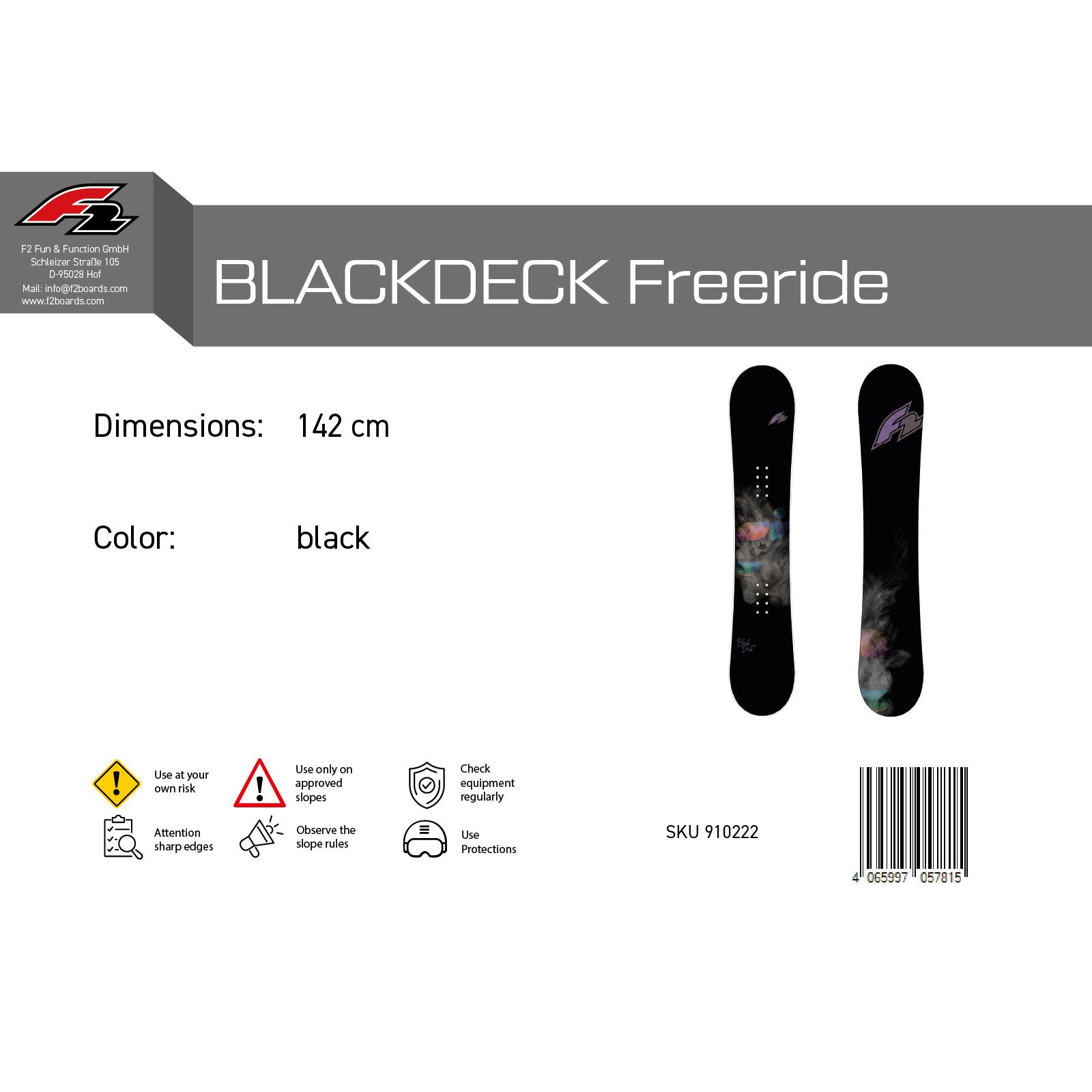 F2 Snowboard F2 Damen Snowboard Black Deck Freeride/Freestyle 142cm Schwarz