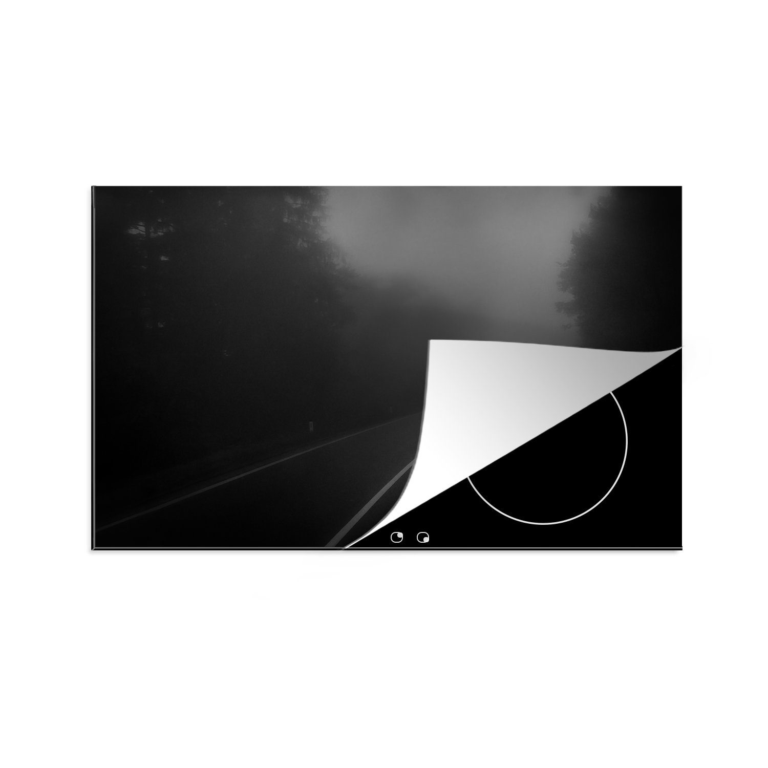 MuchoWow Herdblende-/Abdeckplatte Wald - Nebel - Scheinwerfer - Auto, Vinyl, (1 tlg), 81x52 cm, Induktionskochfeld Schutz für die küche, Ceranfeldabdeckung