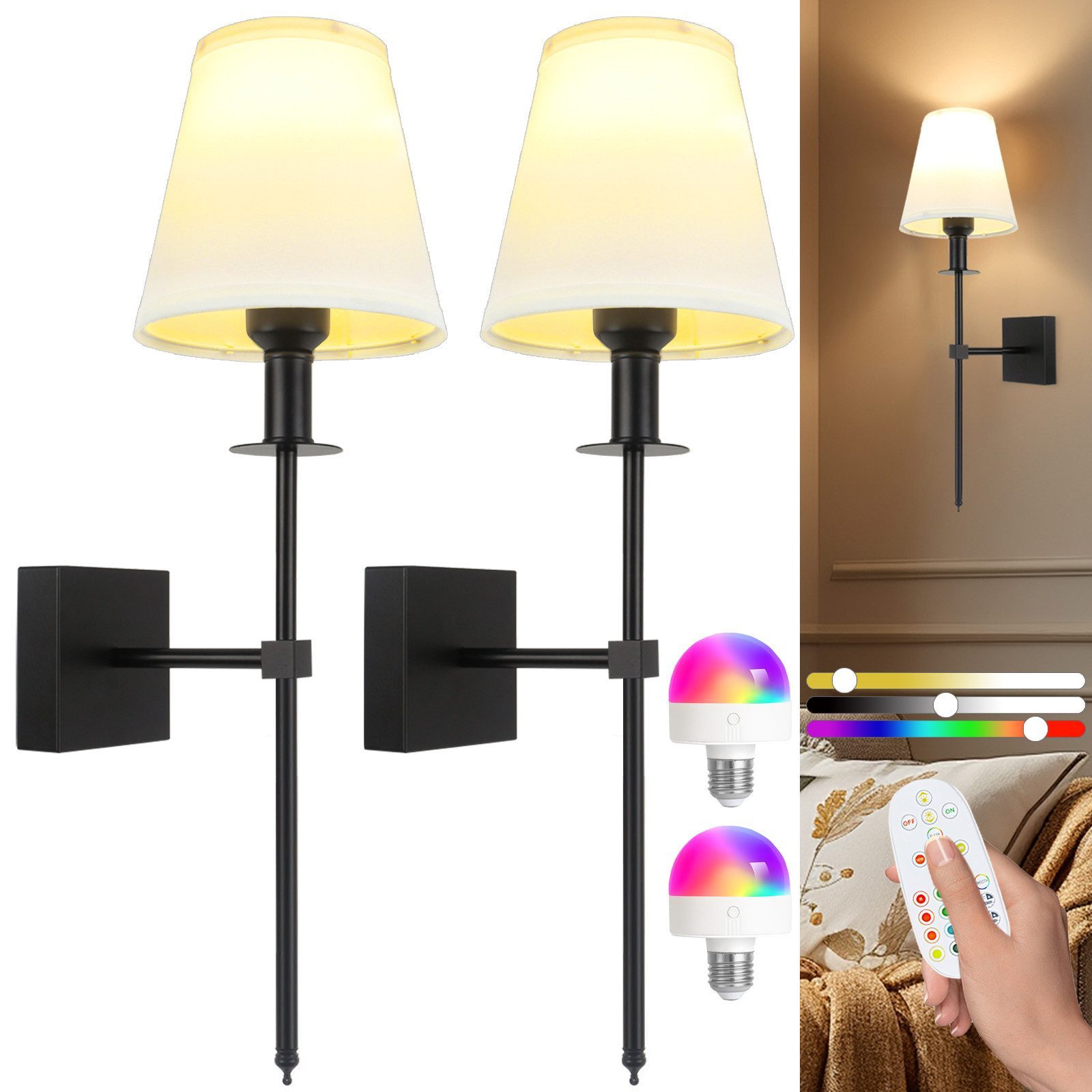 Ophy Wandleuchte 2er-Set aufladbare Wandleuchten – kabellos, dimmbar, mit Fernbedienung, 12 RGB Farben & Timer-Funktion, für Schlafzimmer & Wohnräume