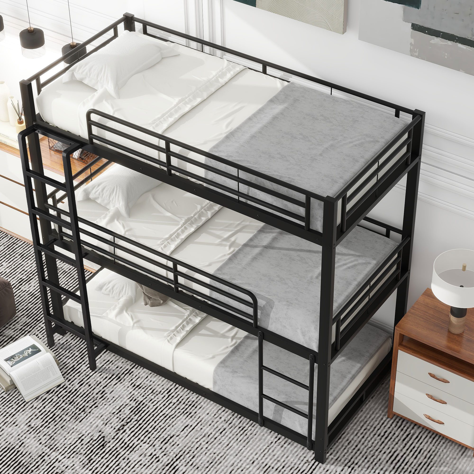 Flieks Etagenbett, Einzelbett Kinderbett Metallbett Dreierbett mit Lattenrost 90x200cm