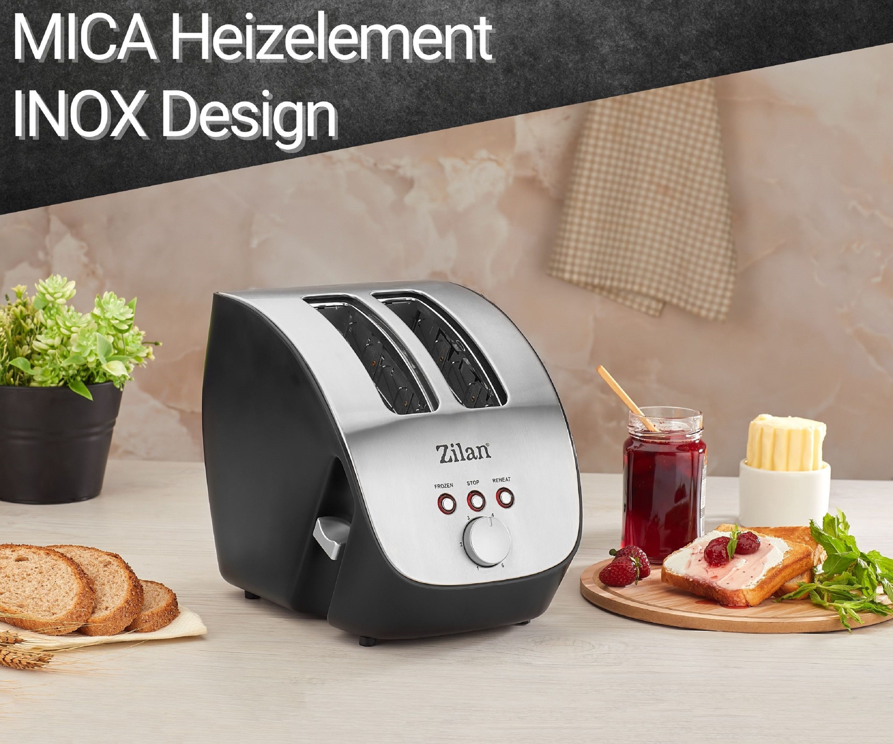 Zilan Toaster ZLN-2690, 2 große Schlitze, für 2 Scheiben, 1000 W, Edelstahl Gehäuse
