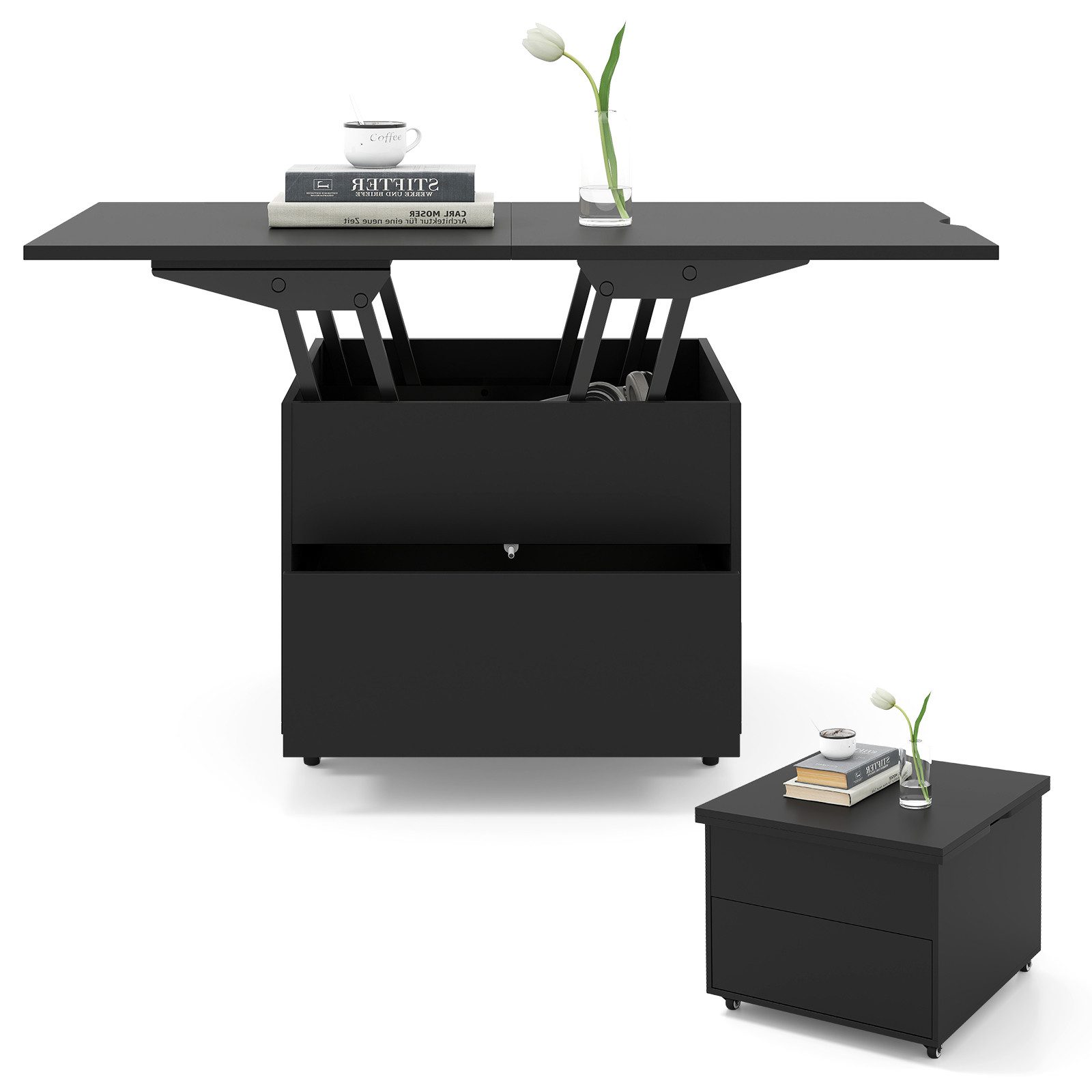 COSTWAY Couchtisch, umwandelbar höhenverstellbar mit Schublade, Rollen, Stauraum