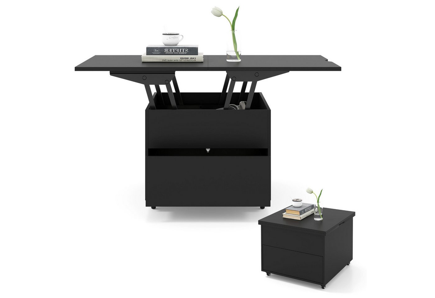 COSTWAY Couchtisch umwandelbar höhenverstellbar mit Schublade, Rollen, Stauraum