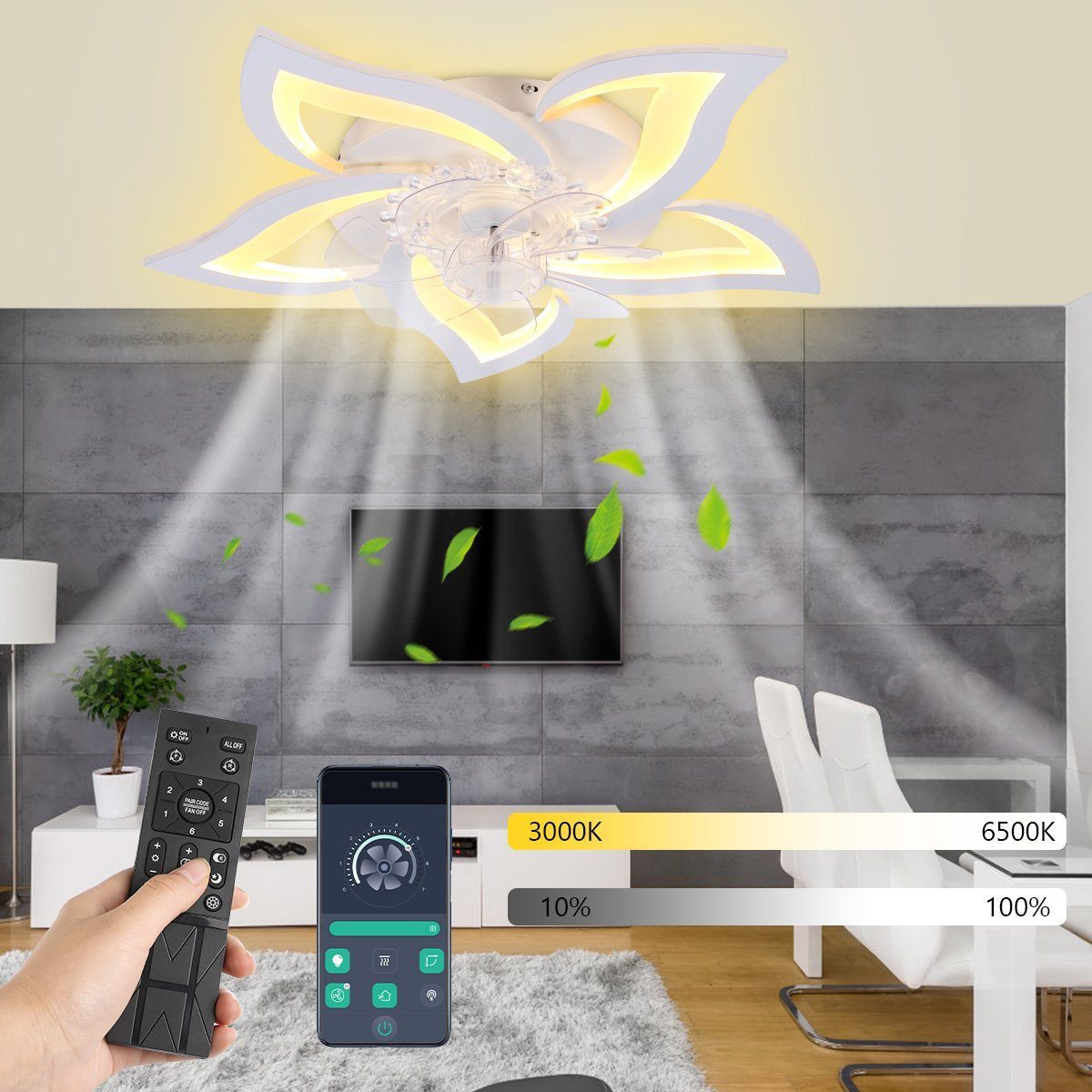 LETGOSPT Deckenleuchte Leise Deckenventilator mit Beleuchtung, 60W LED Deckenleuchte 5000LM, LED fest integriert, Kaltweiß, Naturweiß, Warmweiß, LED Deckenbeleuchtung mit Ventilator,5 Lichter Design Deckenventilator
