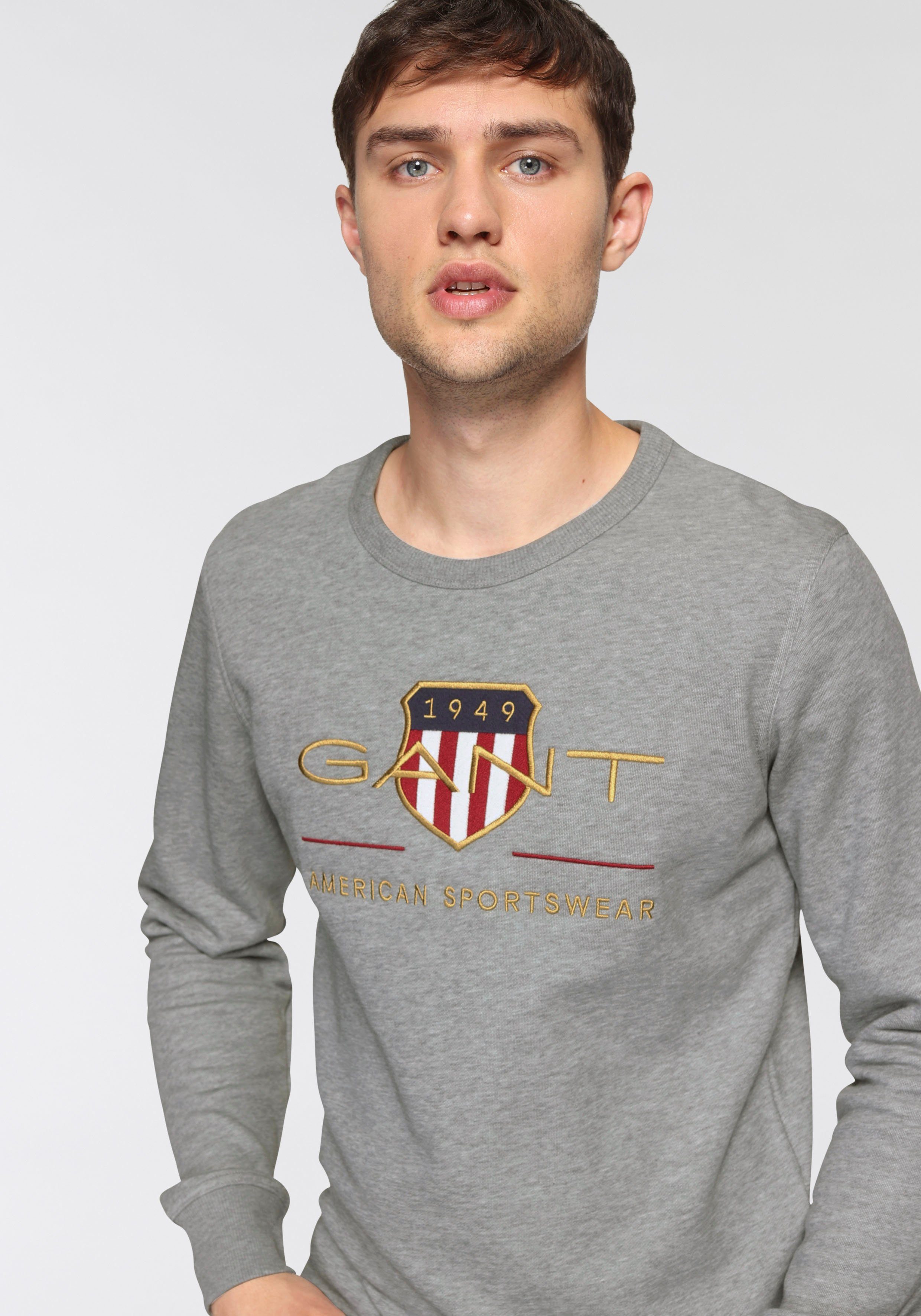 Gant Sweatshirt ARCHIVE SHIELD geripptem C-NECK Rundhalsausschnitt mit melange grey