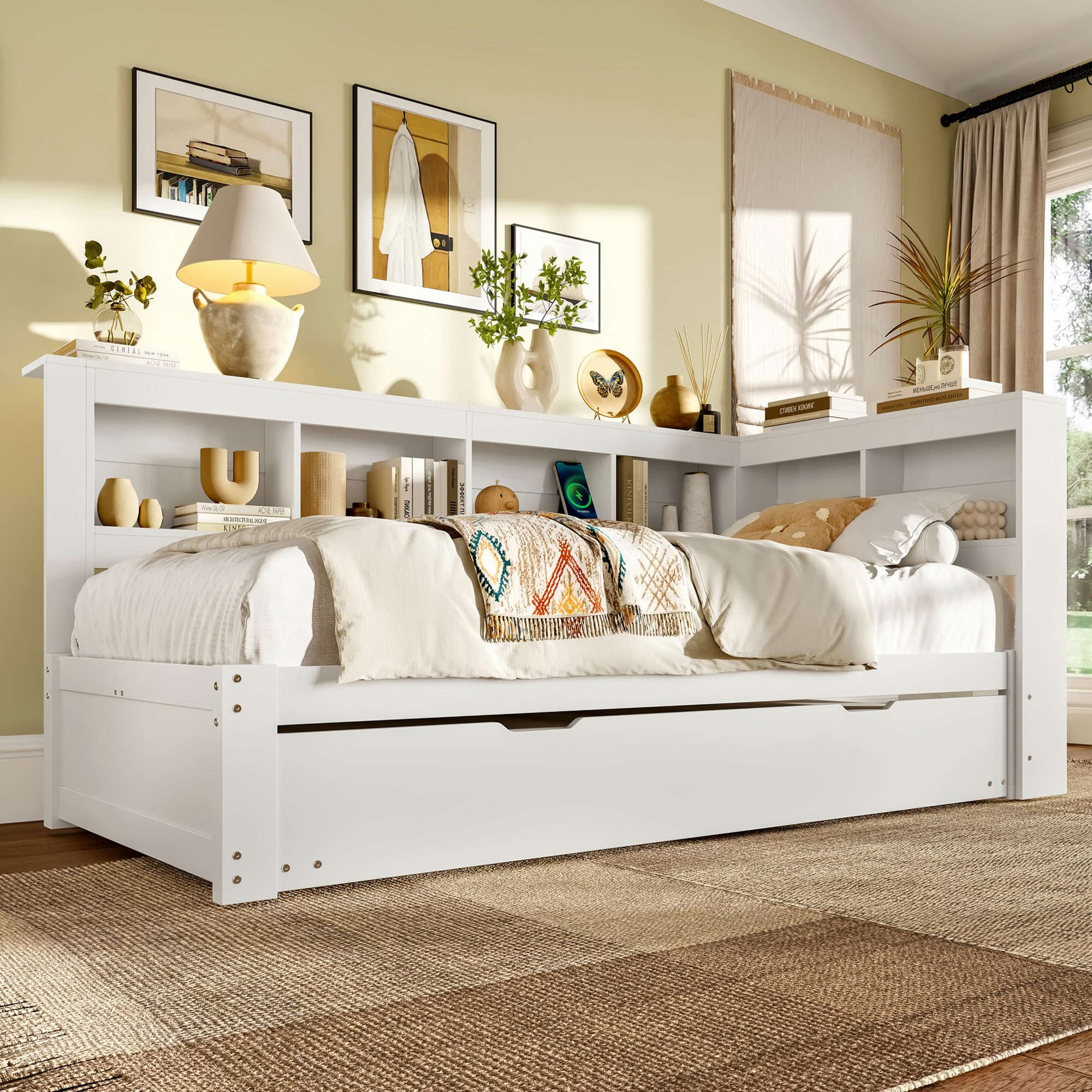 Merax Daybett mit Steckdose und 2 USB-Anschlüssen (Kiefer Sofabett Kinderbett Jugendbett, 1 tlg), Schlafsofa Tagesbett 90x200cm mit Ausziehbett 90x190cm & Stauf – Bild 4 von 5