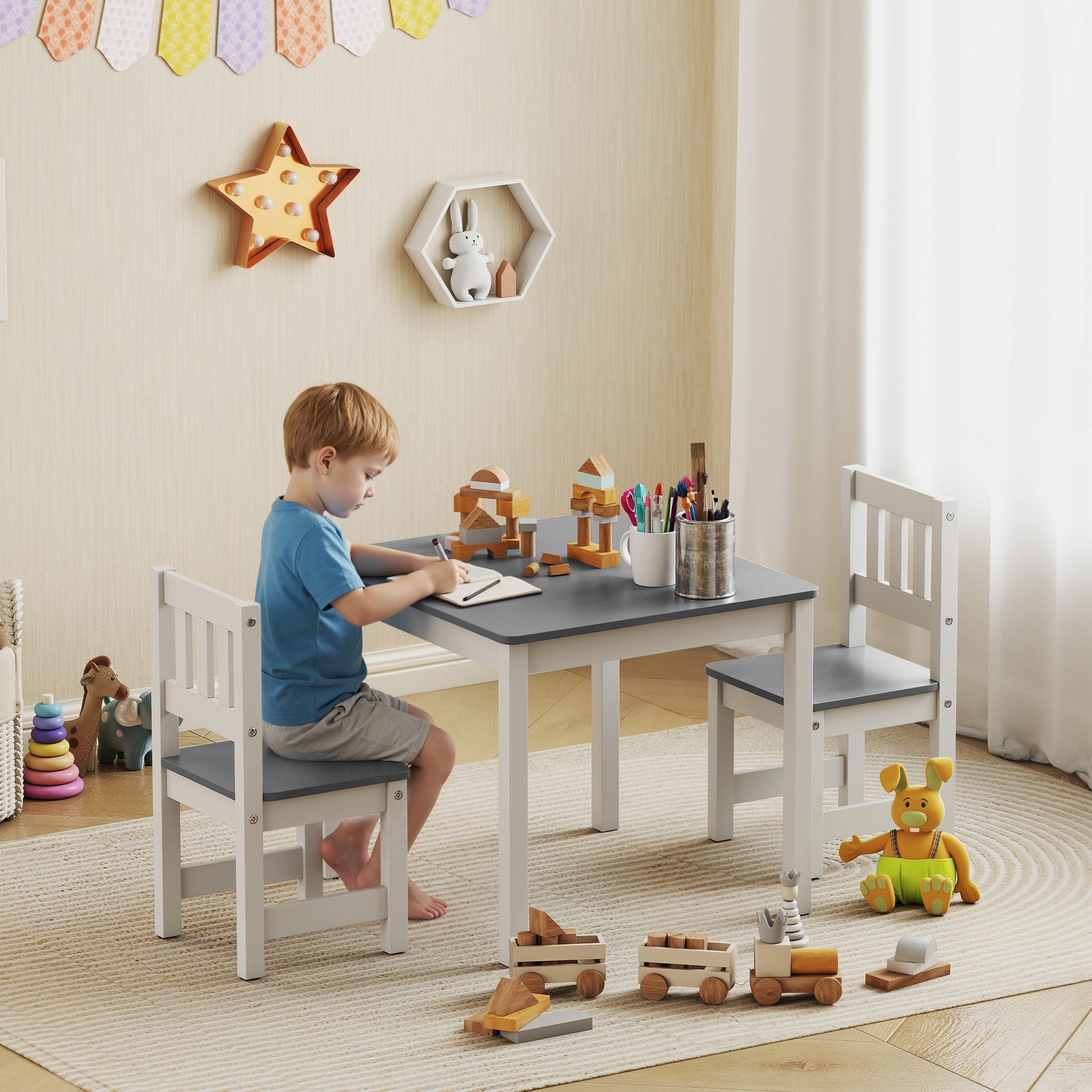AIYAPLAY Kindersitzgruppe Kindertisch mit 2 Стульяn, (Sitzgruppe für Kinder, 3-tlg., Kindertisch mit 2 Стульяn), für Kinderzimmer, Kindergärten, 56 x 52 x 48 cm Grau