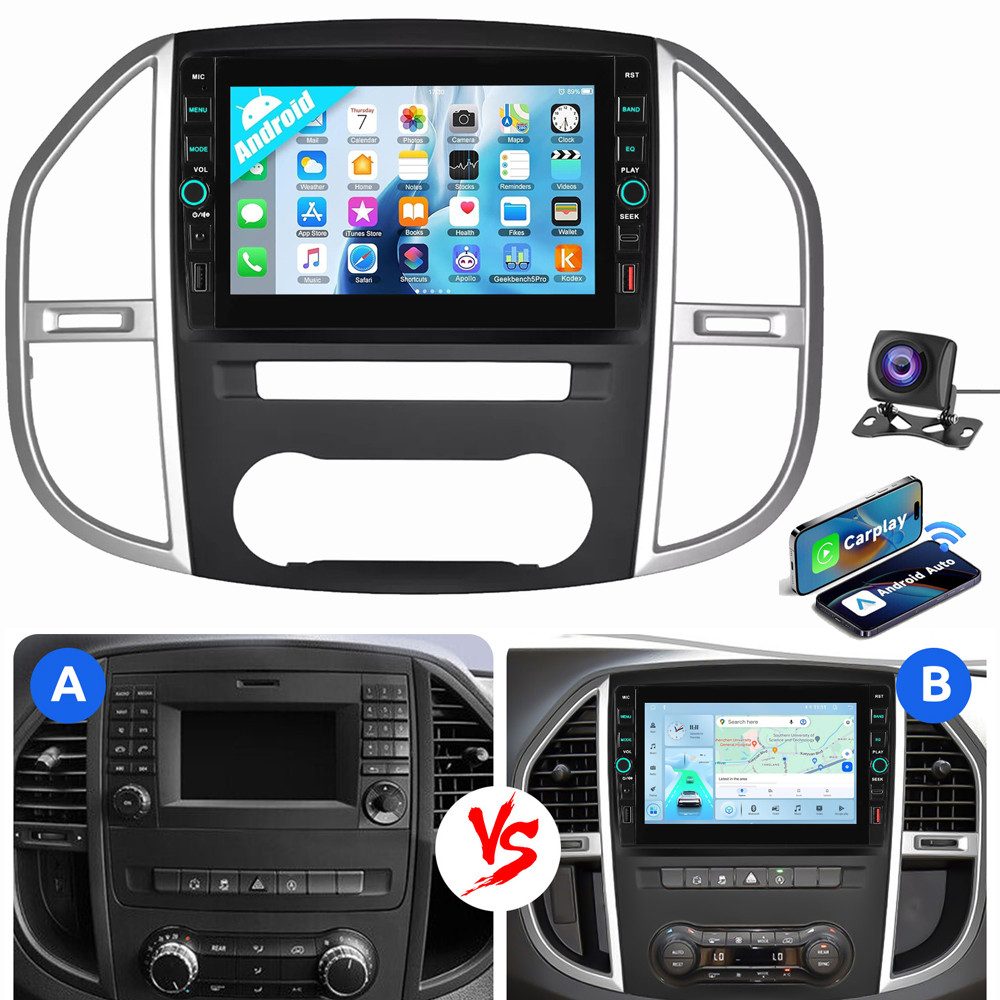 ESSGOO Für Mercedes Benz Vito W447 2014-2023 Android 15 USB Type-C Navigationsgerät (Carplay Android Auto Bluetooth FM AM RDS WIFI GPS Navigationsgerät)
