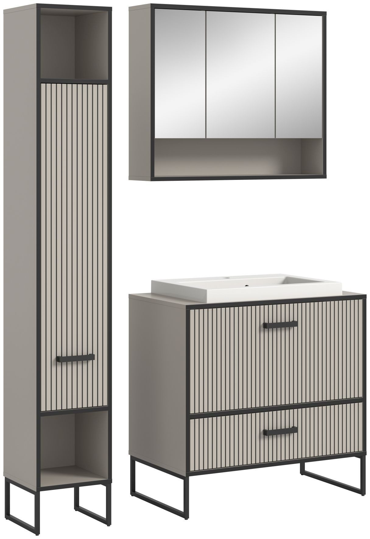 xonox.home Badmöbel-Set, (3tlg. Set Hochschrank, Spiegelschrank, Waschtisch Waschbecken), Kaschmir Nachbildung Softclose Melamin Modern 125x192x48 cm