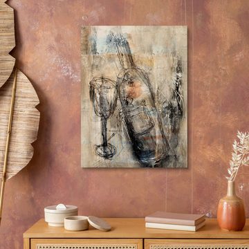 Posterlounge Holzbild Christin Lamade, Weinflasche mit Glas, Wohnzimmer Rustikal Malerei